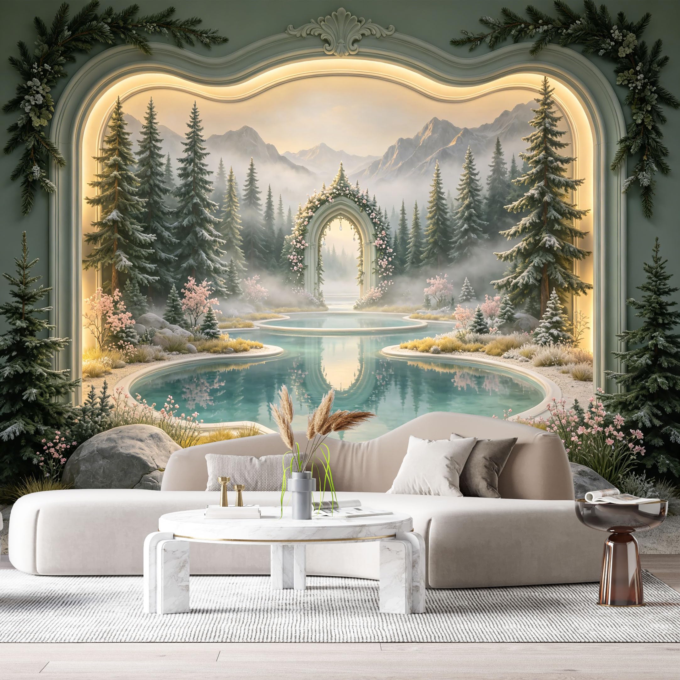 Custom Size Wall Mural Mountain Lake Pine Forest Archway 3D Trompe L'Oeil SelfAdhesiveWall Fabric Removable Wallpaper Wall Decor for Living Room Bedroom Bathroom