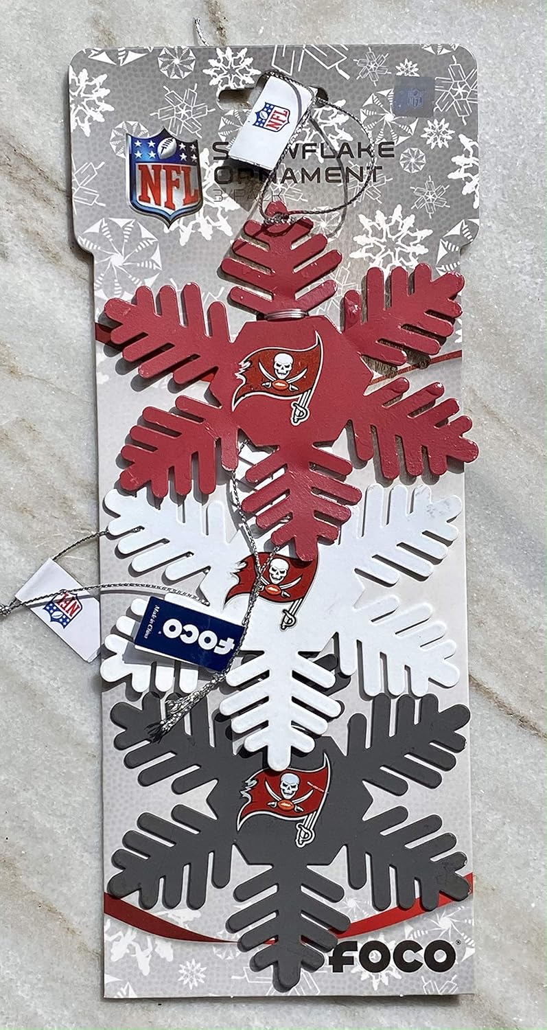 FOCO Tampa Bay Buccaneers NFL Christmas Ornament Set - 3 Piece Multi-Colored Metal Snowflakes Holiday Tree Decoration – Show Your Team Spirit with Officially Licensed Football Fan Decor - Image 6
