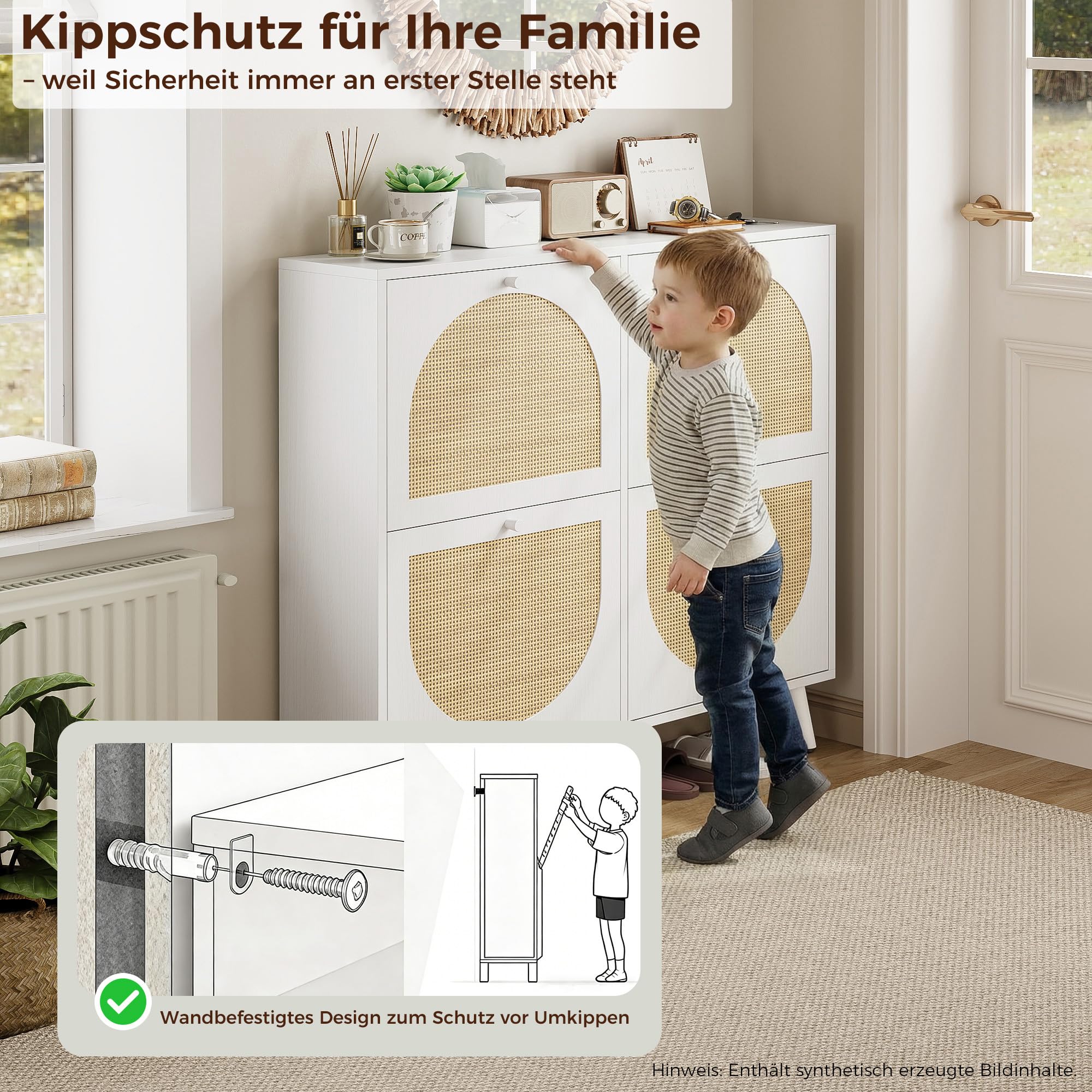 IRONCK Schuhschrank Rattan, schmal Schuhkipper mit 4 Klappen, Weiß | freistehende Schuhregal, Schuhkommode mit verstellbaren Trennwände Schuhablage Schrank für Flur Eingang, 100x24x95cm