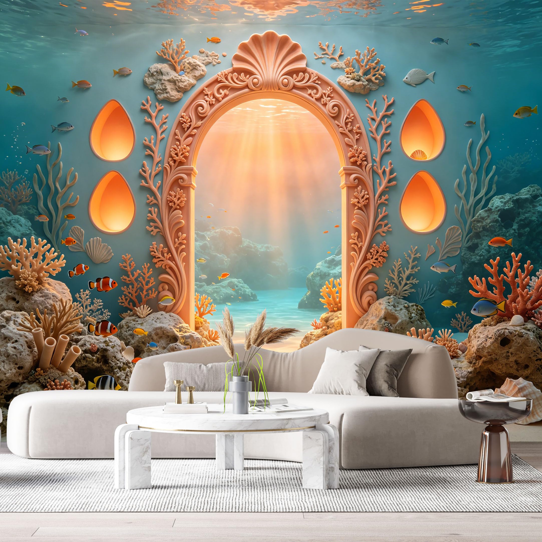 Custom Size Wall Murals Ocean Marine Fantasy Underwater Archway Lanterns 3D Trompe L'Oeil SelfAdhesiveWall Fabric Removable Wallpaper Wall Decor for Living Room Bedroom Bathroom