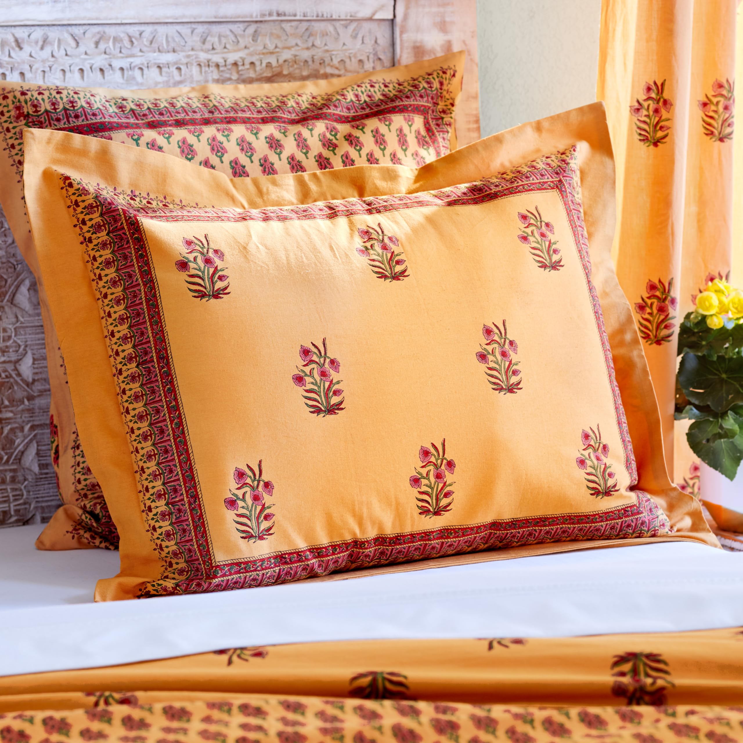 Saffron Marigold Pillow sham Orange Paisley Indian Summer - CP, Quality Cotton, Fair Trade, Boho Bedding, Farmhouse Kitchen Style, Vintage Floral Design, 27 x 21 in