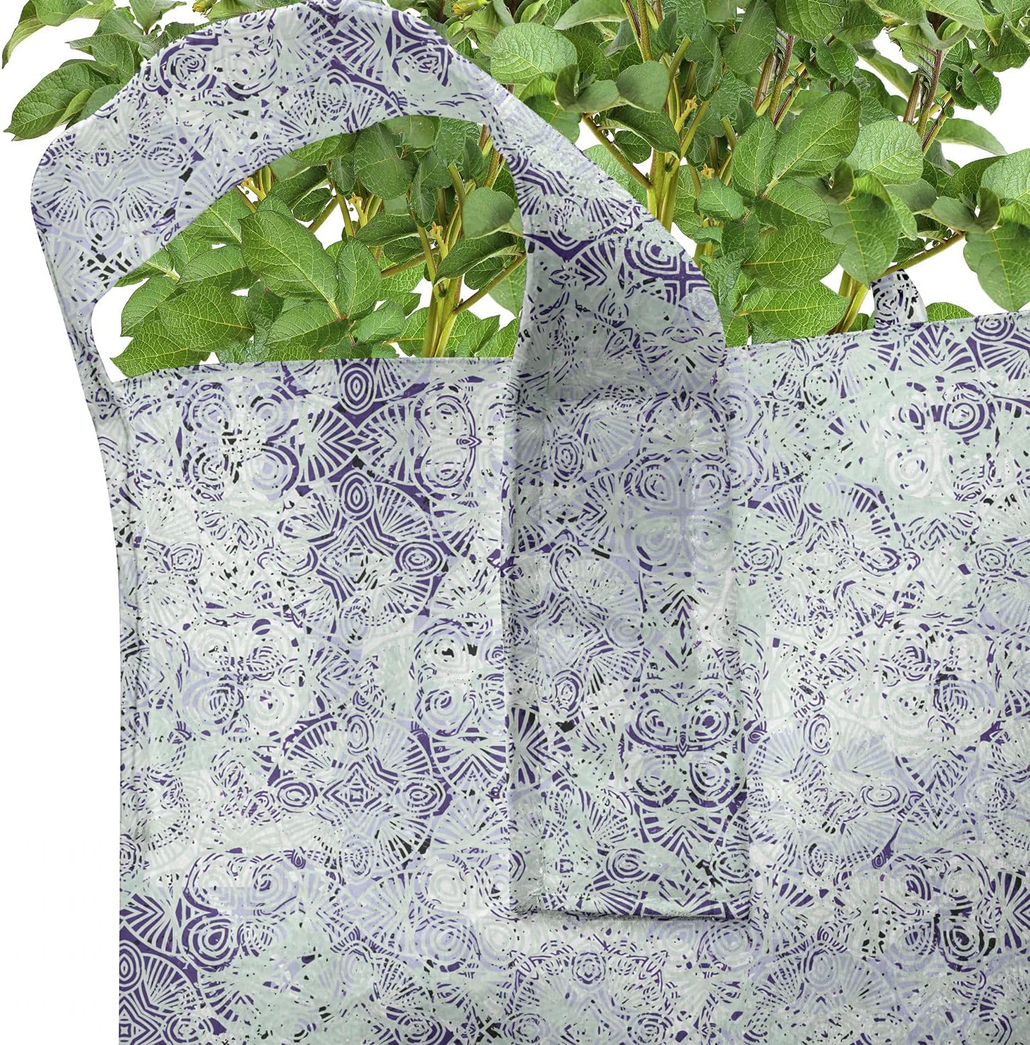 Ambesonne Bohemian Grow Bags 5-Pack, Antique Leafy Splatter, Heavyduty Fabric Pots with Handles for Plants, Indigo and Mint Green