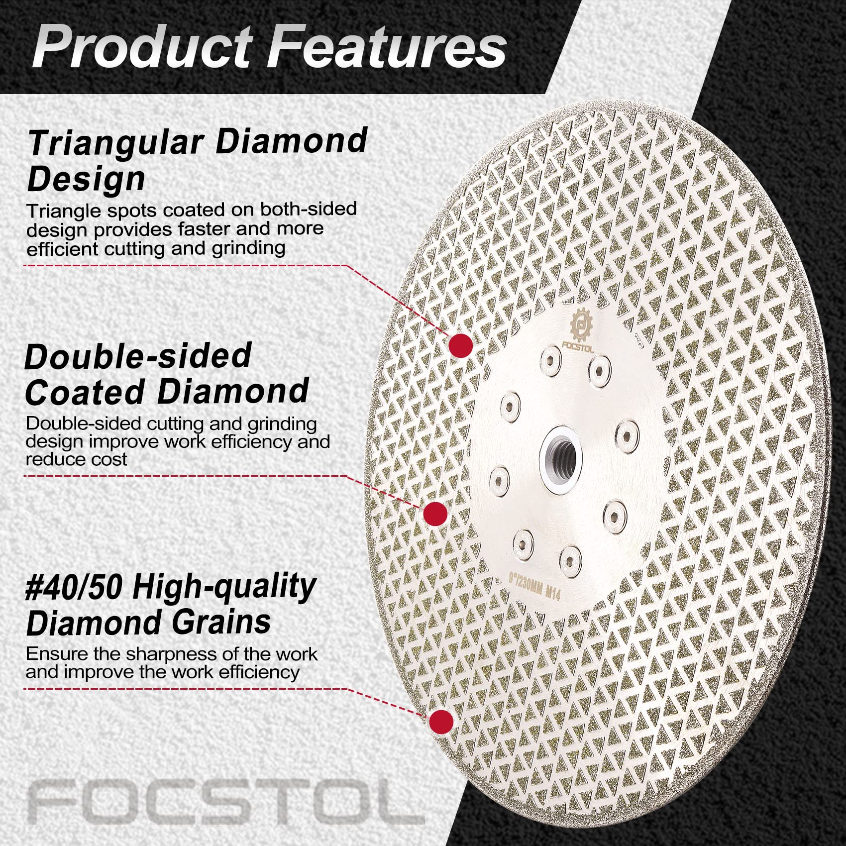 FOCSTOL Disco Diamante 230mm - Disco de Corte Porcelanico Electrochapado Doble Lado para Corte y Molienda Granito Mármol Cerámica Cuarzo M14 Rosca
