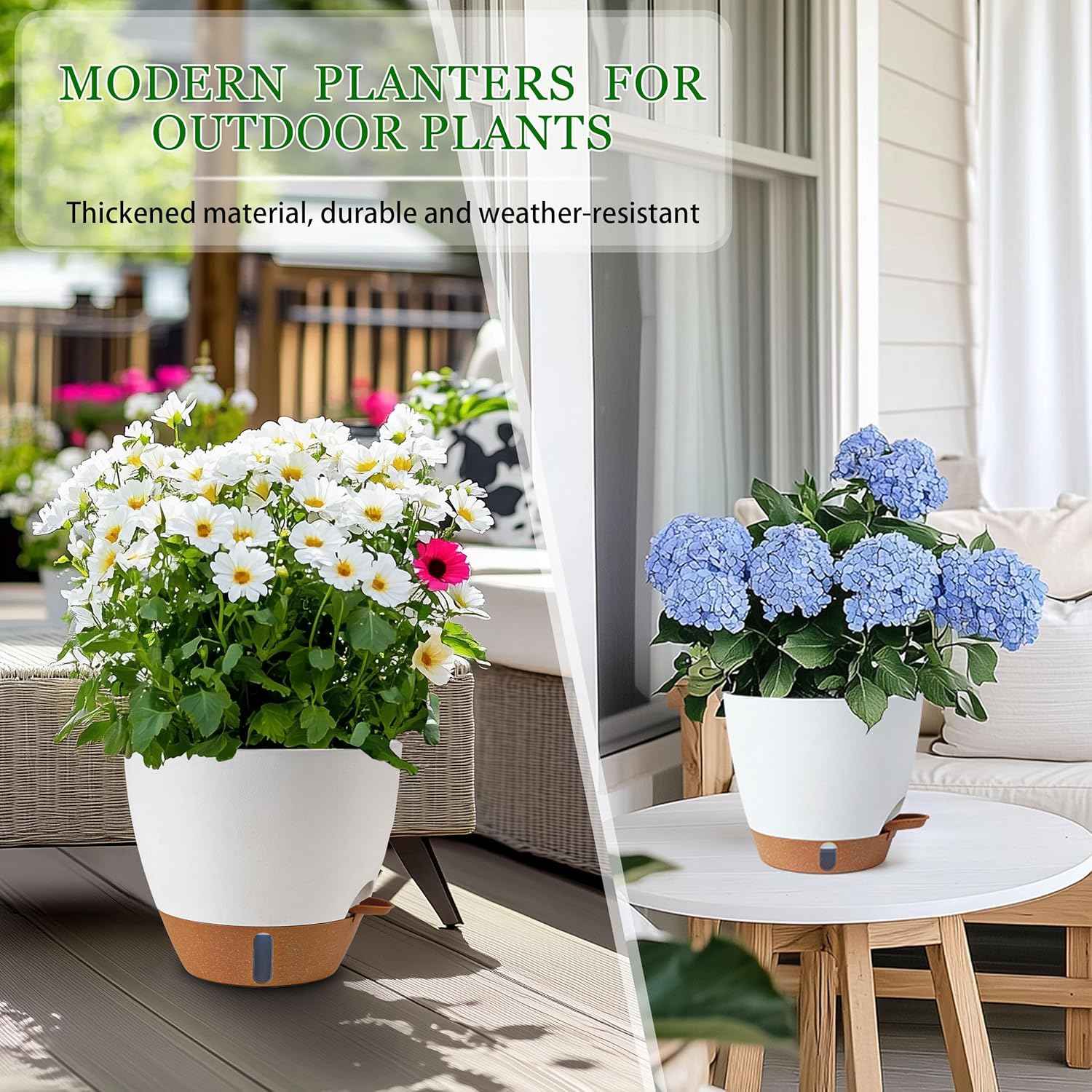 Self Watering Pots for Inoor Ourdoor Plants 10/9/8/7/6.5 Inch Plastic Planters with Drainage Holes & Water Level Indicator, Decorative House Flower Nursery Planting Pots with Saucers ((White)