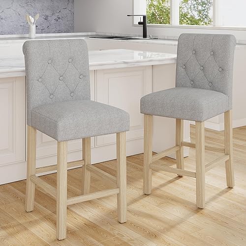 Miniatura 23 de LSSBOUGHT Juego de 2 taburetes tapizados de 24 pulgadas, taburetes de bar de tela con respaldo, sillas de bar con altura de mostrador con patas de