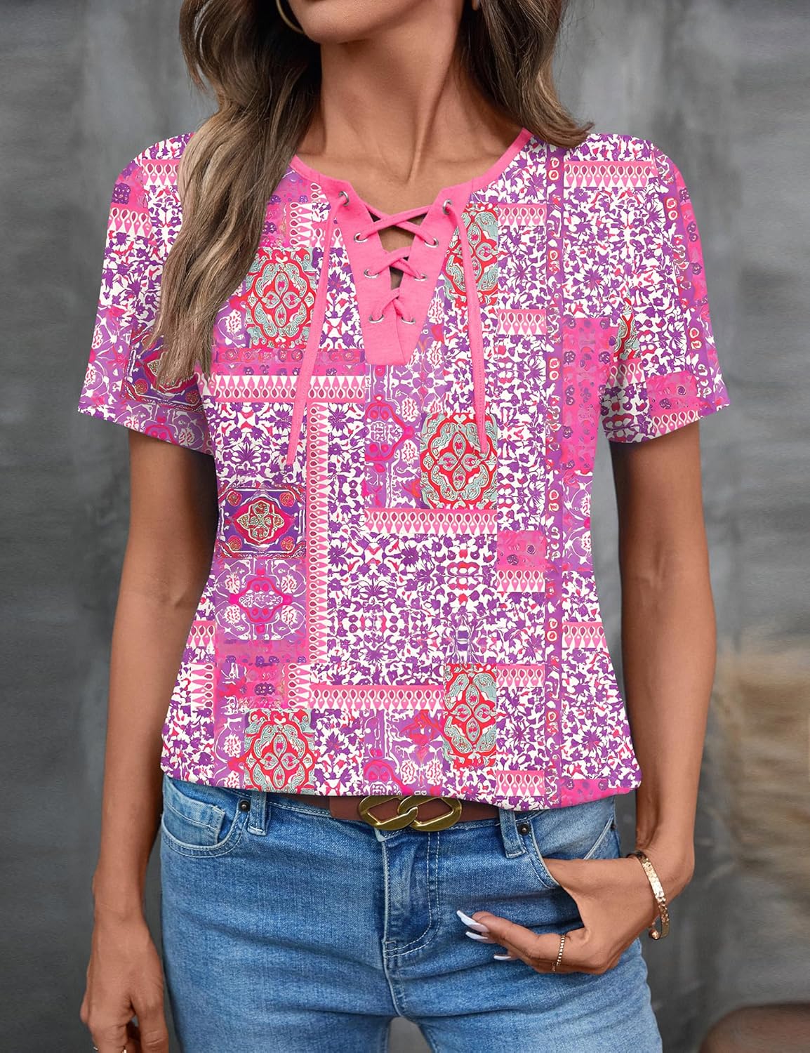 LOMON Womens Criss Cross Short Sleeve T-Shirts V-Neck Floral Summer Blouse Tops - Image 6