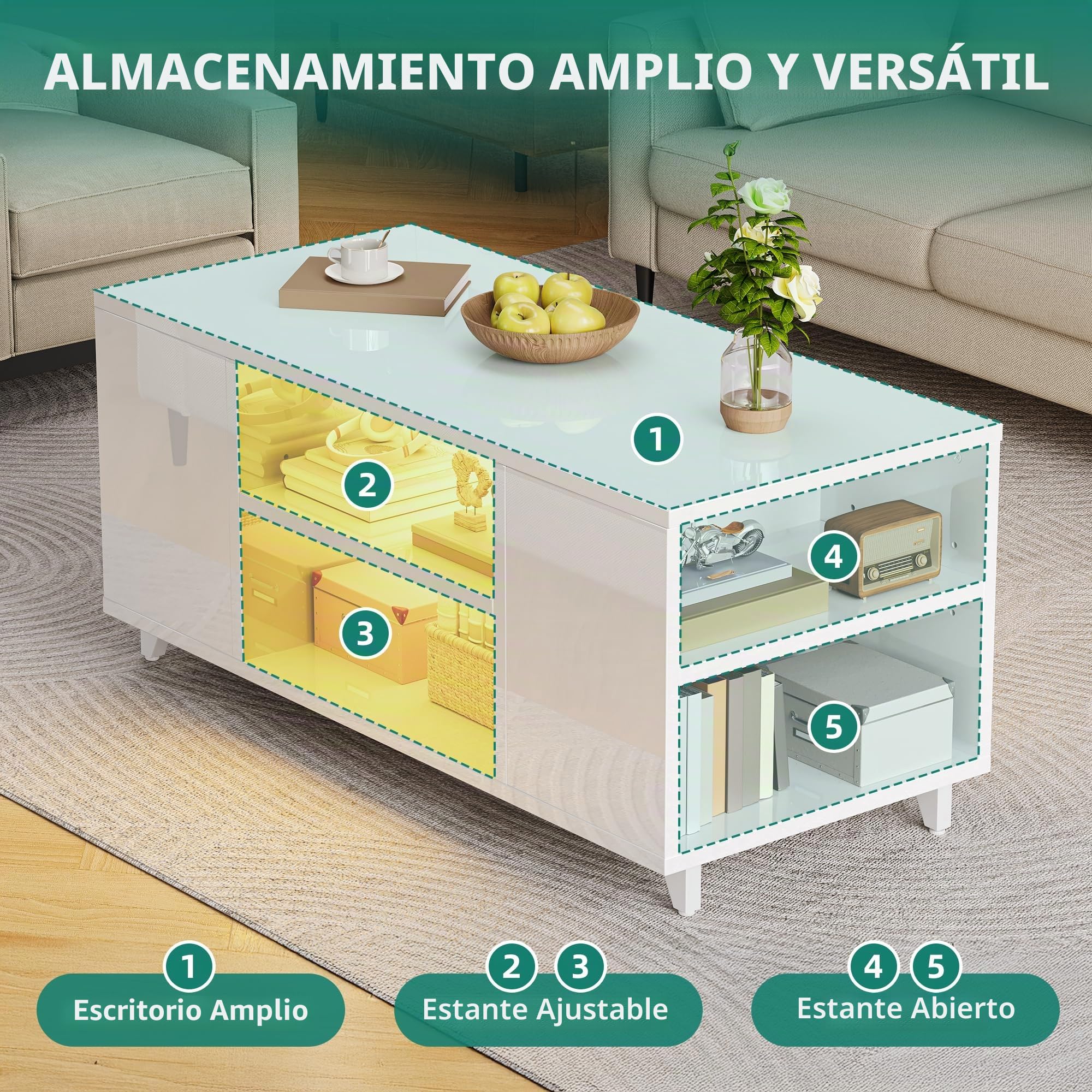 YITAHOME Mesa de Centro Moderna Brillante con Luz LED de 16 Colores, Mesa de Café para Salón con Estante Ajustable, Blanco, 97,5 x 48 x 45 cm