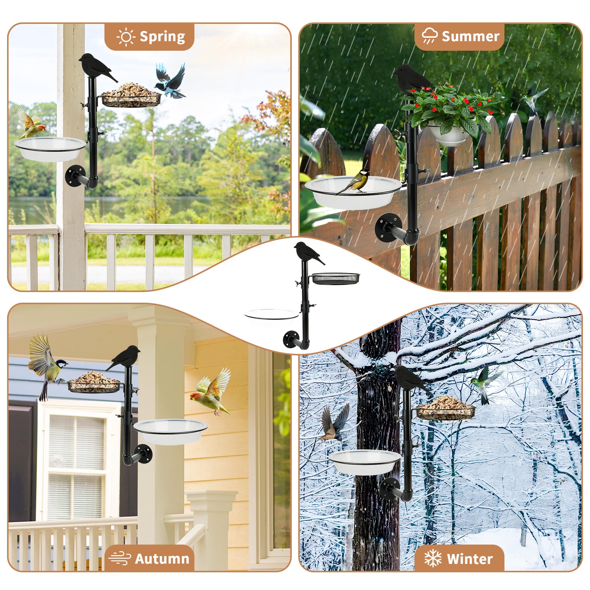 Comedero para pájaros montado en la pared, plataforma de comedero para pájaros con bandeja de semillas de metal y 2 cuencos de baño para pájaros, valla de montaje en árbol, comedero para pájaros,