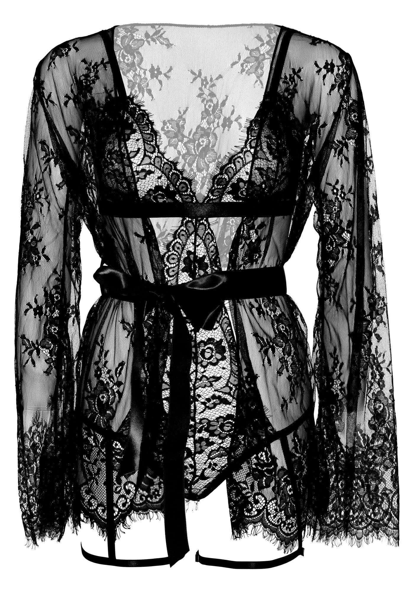 Leg Avenue Kostiumy dla dorosłych Kobiety 3 Pc Eyelash Lace Garter G-string Teddy With Lace Robe, Ribbon Tie
