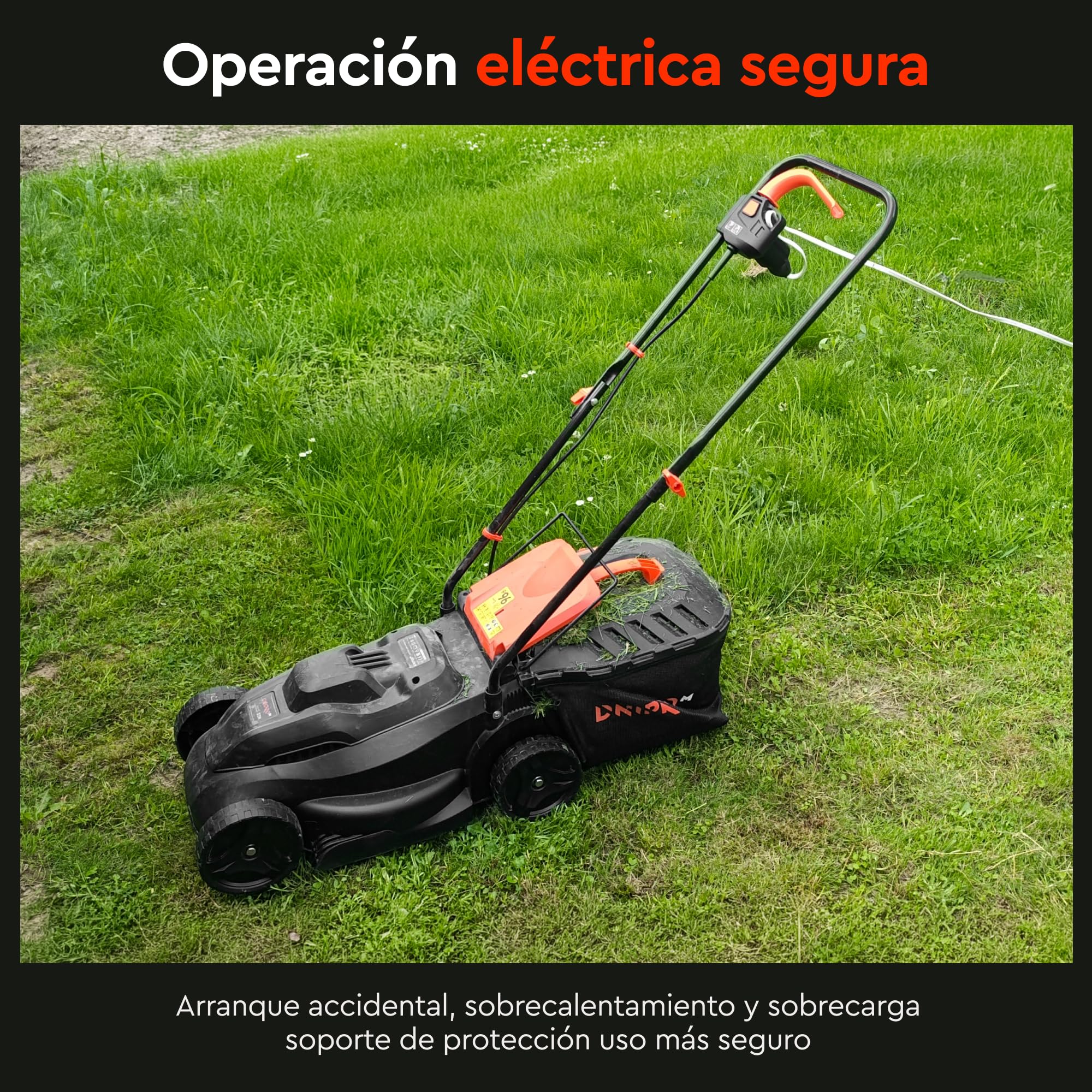 Cortacésped Eléctrico de 1000W, Ancho de Corte 32 cm, 3 Alturas de Corte 25–65 mm, Recogedor 30 L con Indicador, 6,4 kg, IPX4, Manillar Plegable - 32N