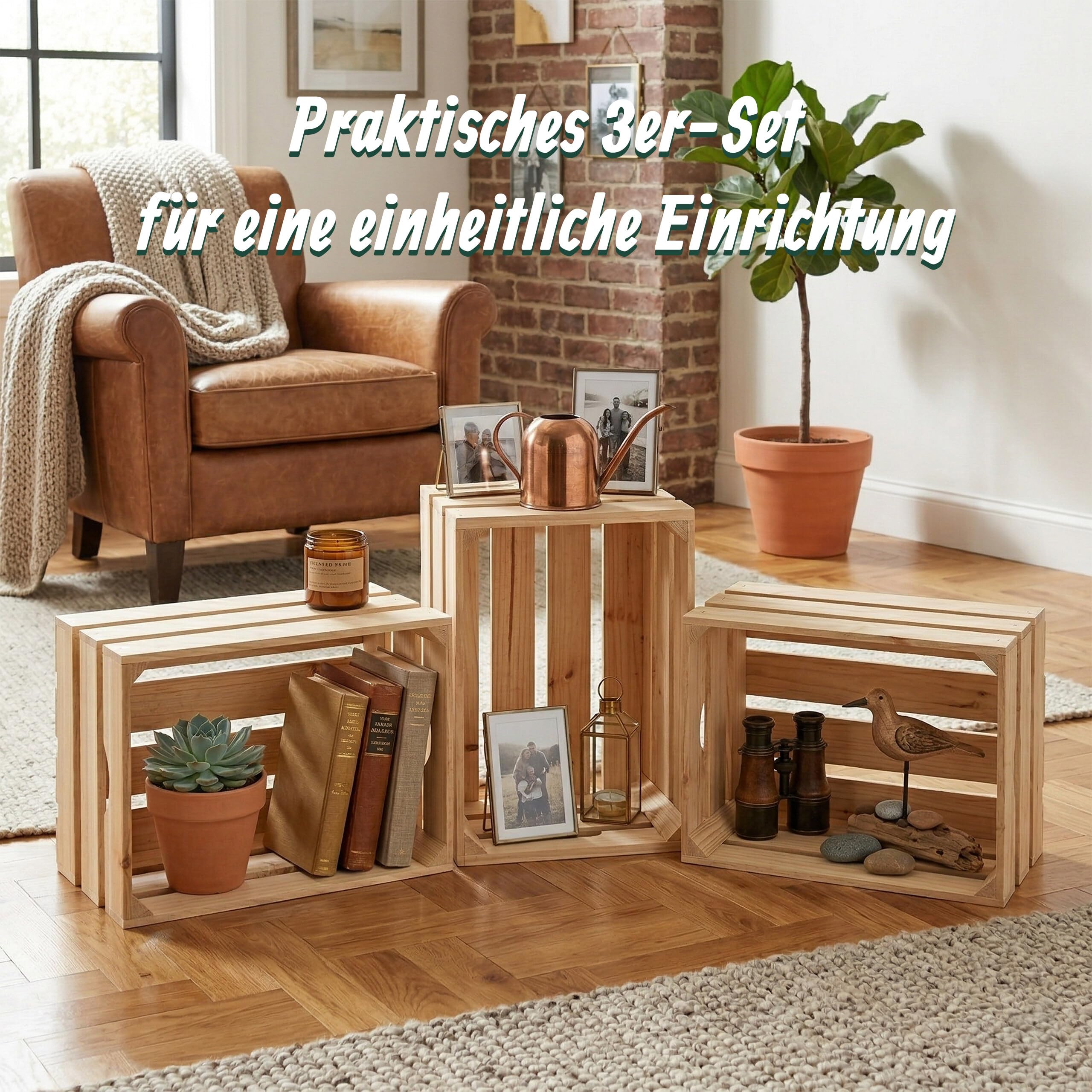 Relaxdays Holzkiste 3er Set, Lagerkisten Vintage, HBT: 25x40x30 cm, Natur