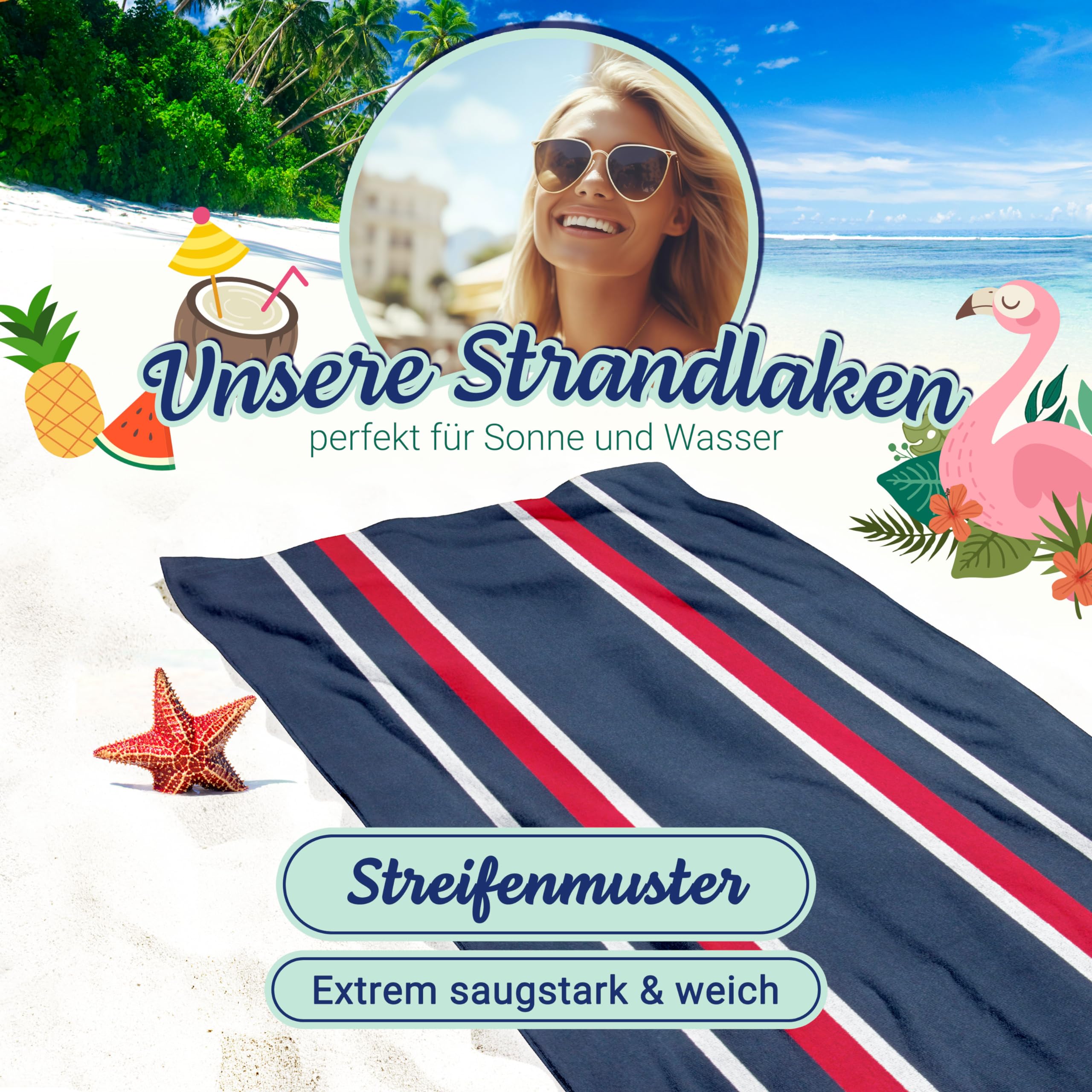 ZOLLNER Strandtuch - hautfreundliches und saugstarkes Badetuch in 100x200 cm - waschbar bis 60°C - Baumwolle - mit zeitlosen Streifen - Oeko Tex® Zertifiziert