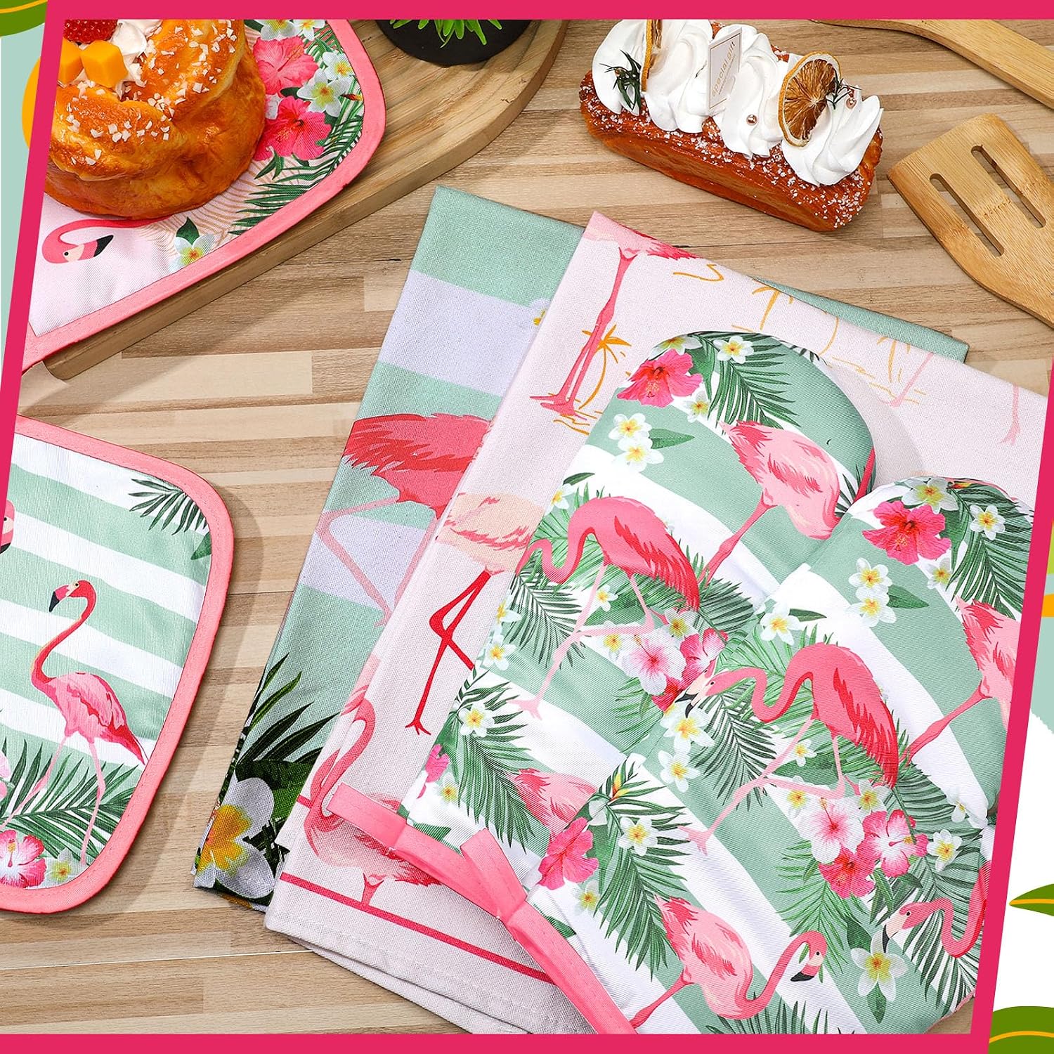 Bencailor 6 Pcs Flamingo Kitchen Towels Pot Holders and Oven Mitts Set Soft Cotton Linen Dish Towel Heat Resistant Oven Mitts for Summer Kitchen Decor Cooking Baking Grilling, Pink