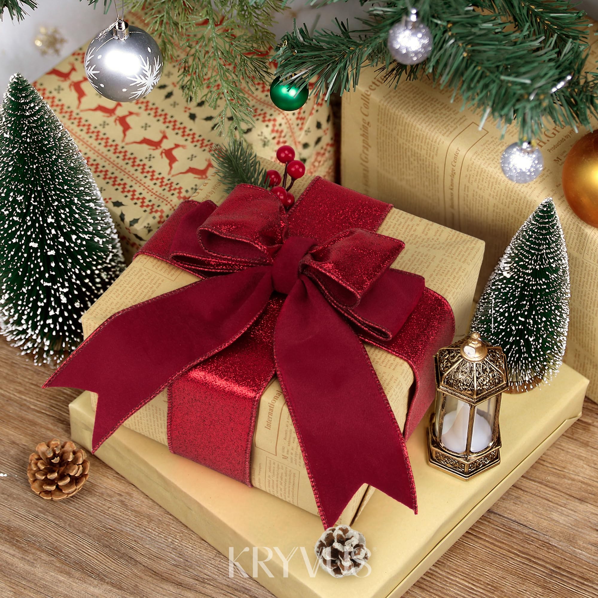 Kryvus Red Glitter Velvet Ribbon, 64MM X 9M Christmas Ribbon with Wired Edge, Perfect for Gift Wrapping Bow Making - Image 2