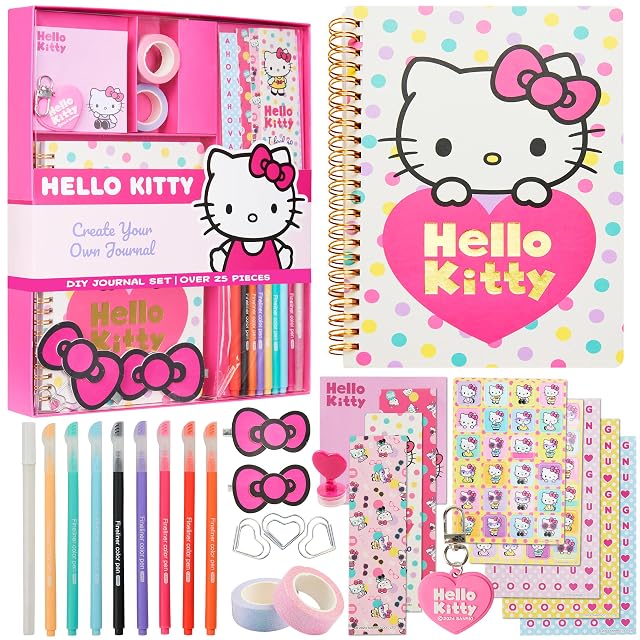 Hello Kitty Sanrio Kit DIY Creativo para Niñas, Cuaderno A5, Stickers, Rotuladores y Accesorios, Diario Manualidades, Regalo Niña para Escuela y Cumpleaños (Rosa Hello Kitty)