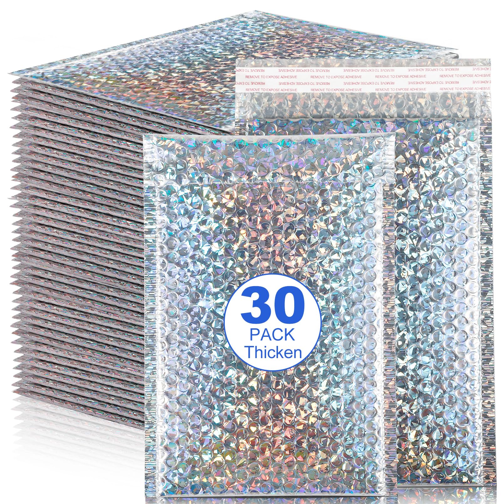 30 sobres holográficos de burbujas, sobres metálicos de burbujas de 11 x 7 pulgadas, sobres acolchados de polietileno, bolsas de envío impermeables, sobres acolchados gruesos autosellantes para