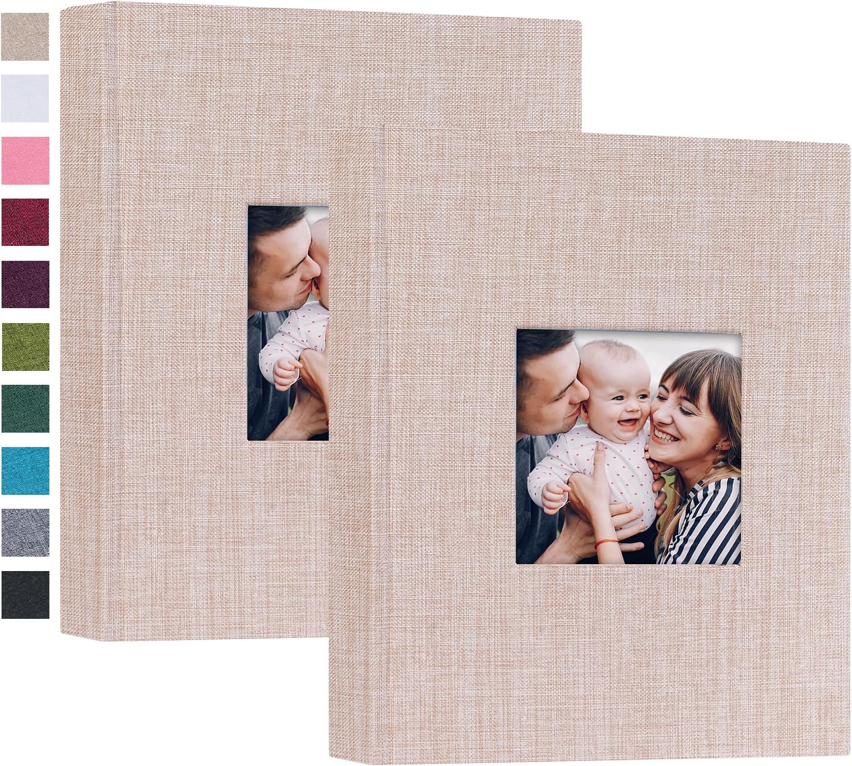 Mublalbum 2 Pack Small 5x7 Photo Album Linen Cover with Display Window Mini Picture Book Each Holds 52 Vertical Pockets for Artwork Postcards or Pictures Storage (Beige)