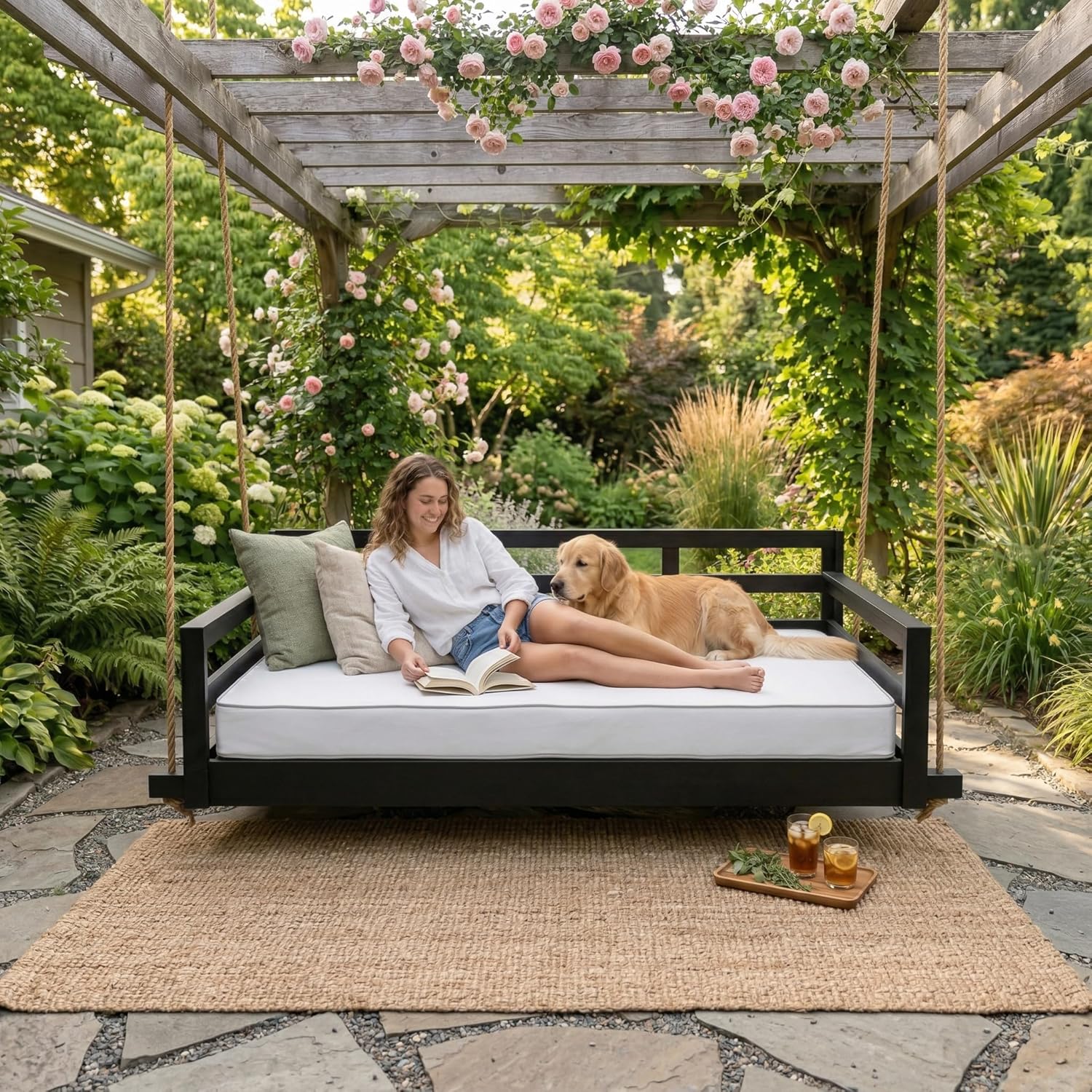 Outdoor Porch Daybed Swing Bed Mattress Cover, White Trim 6" Twin Size Fitted Sheet Slipcover with Zipper (Only Cover) (White-1, 75x39x6in)