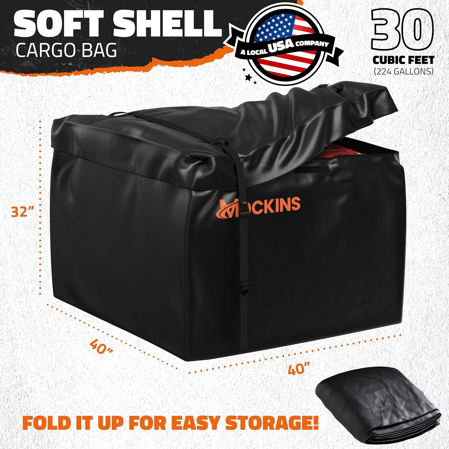 Mockins 30 CuFt Square Trailer Hitch Cargo Carrier Bag | 40"x40"x32" 500D PVC Weatherproof Cargo Bag for Hitch Carrier | Versatile Waterproof Truck Bed Storage Set w/Buckle Straps, Lock & Carry Bag