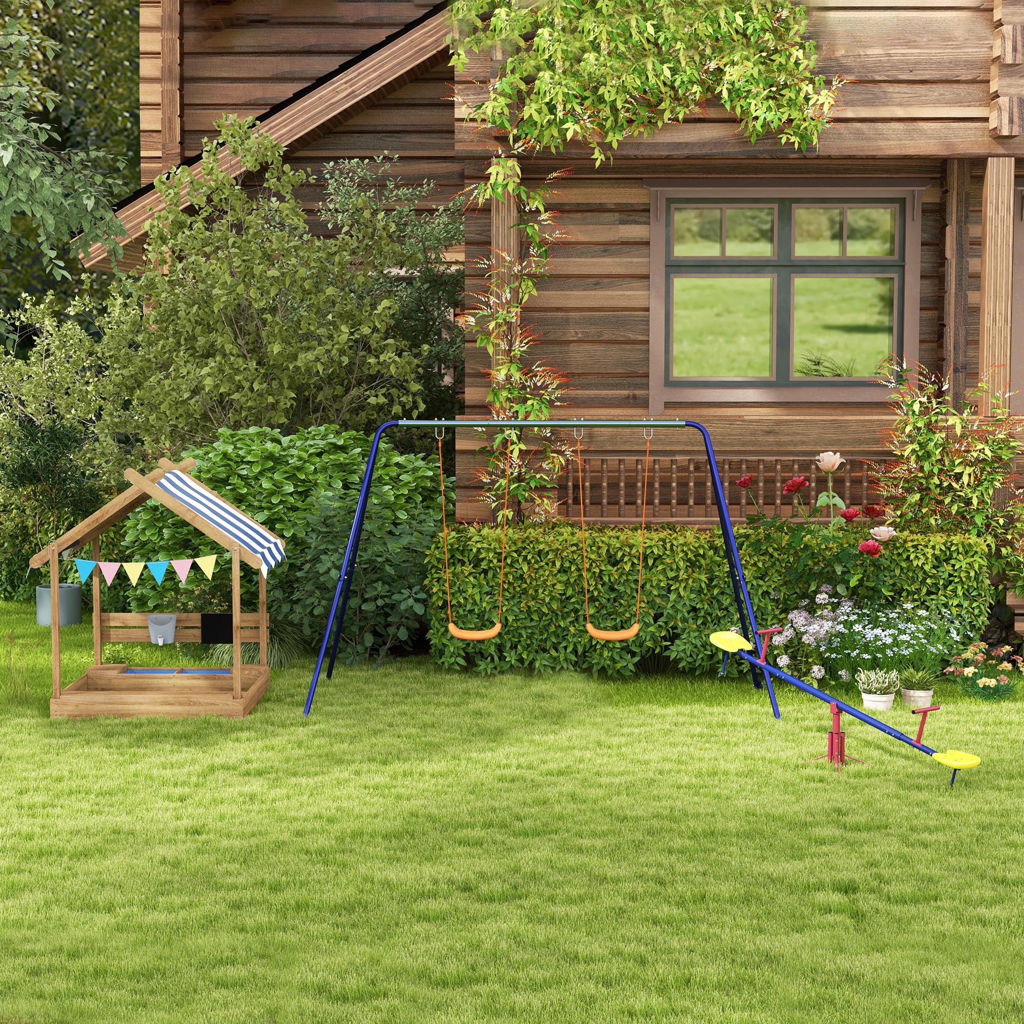 Outsunny Balançoire à Bascule 3 à 8 Ans 184 x 76 x 71 cm Multicolore | Trébuchet Rotatif 360°, Pied 4 Tiges, Poignée, Métal PP, Extérieur