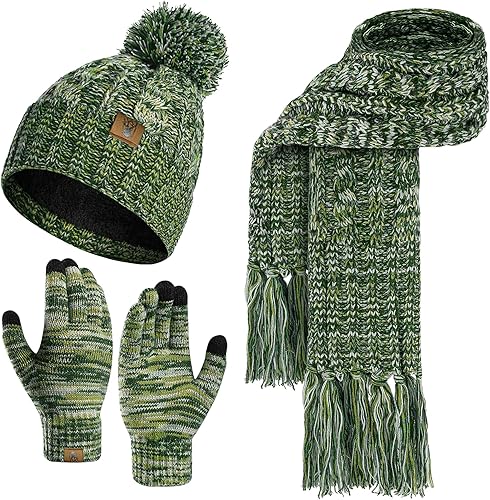 Conjunto de gorro de invierno cálido para mujer con guantes de pantalla táctil, bufanda larga con diseño de pompón, gorra de calavera forrada de