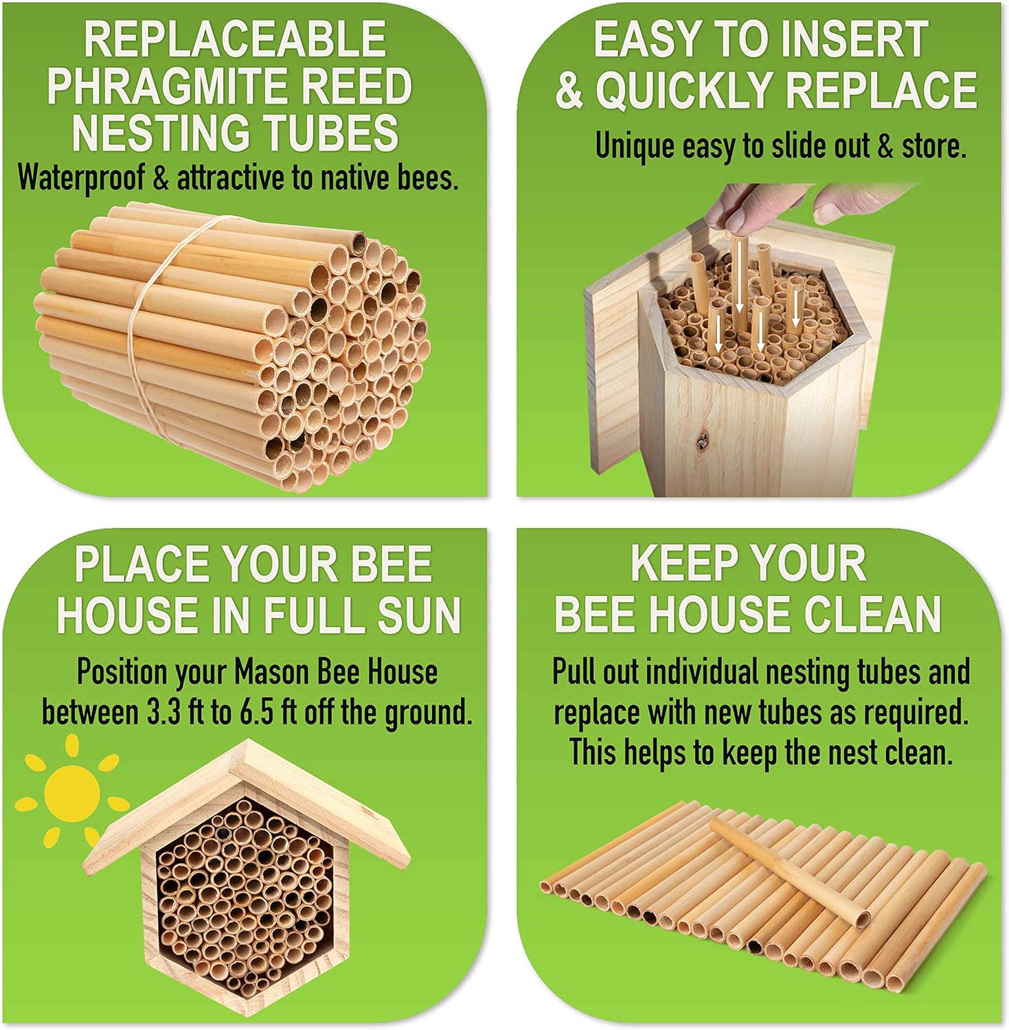 Rivajam Mason Bee House Wax Coated Nesting Bee Box | Refillable Phragmite Reed Mason Bee Tubes Filled Pollinator House | Mason Bee Houses for The Garden