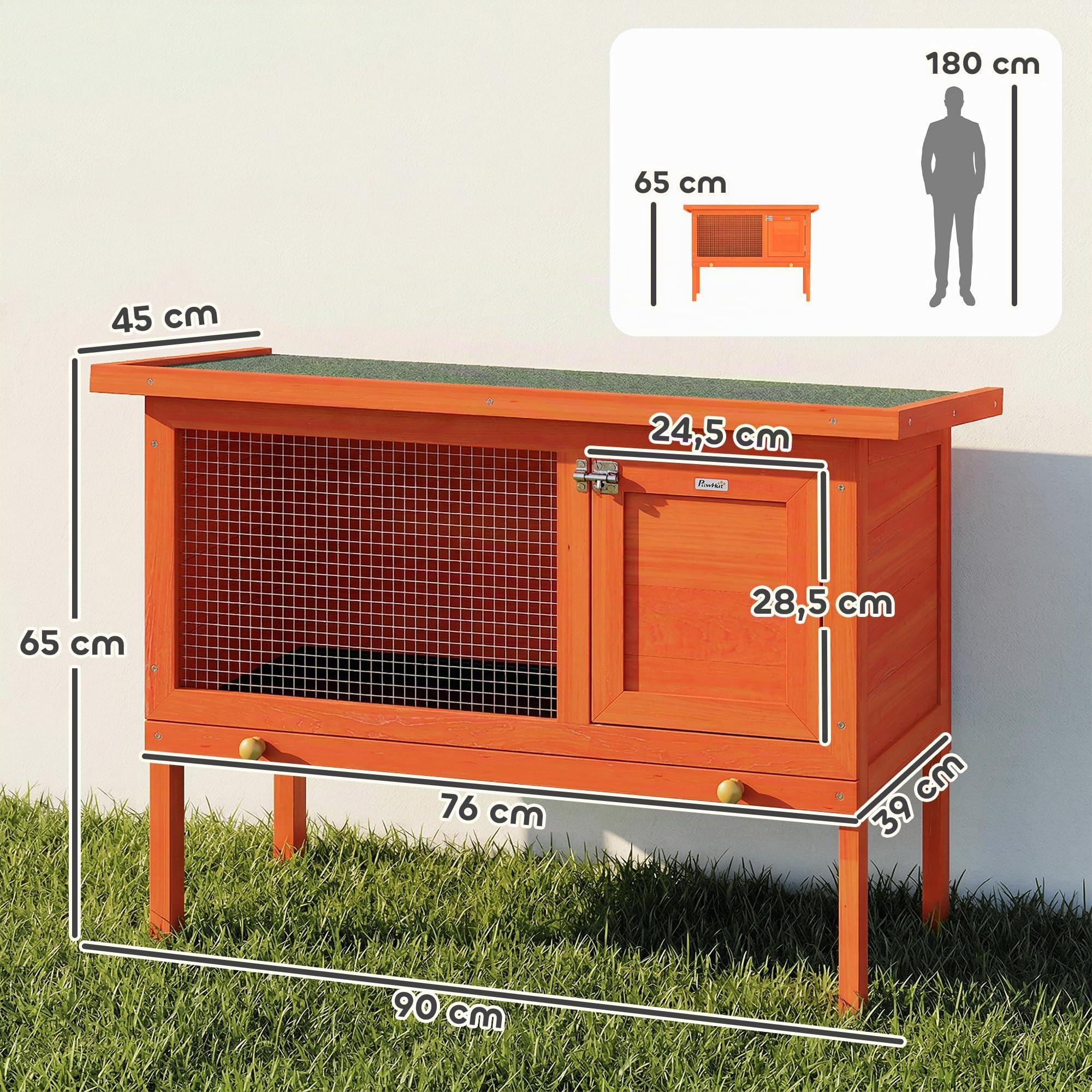 PawHut Clapier Lapin Extérieur en Bois de Pin Surélevé 90x45x65cm Orange | Cage à Lapin, Toit Ouvrable en Asphalt, Plateau Coulissant, pour Cochons d'Inde et Chinchillas