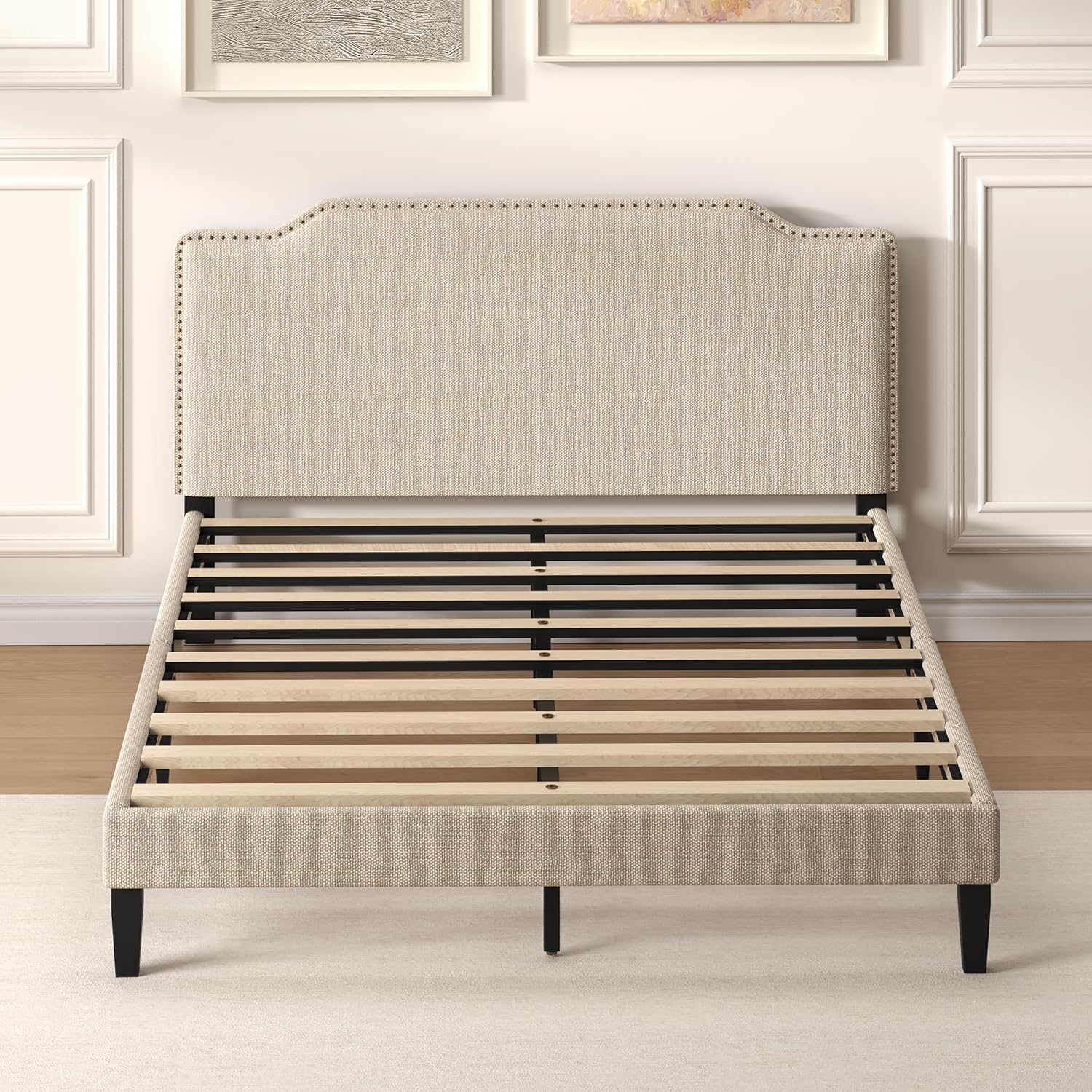 Queen Size Bed Frame with Adjustable Headboard Platform, 12 Thickened Legs, Fabric Upholstered Headboard, No Box Spring Needed, Noise-Free, Easy Assembly, Beige