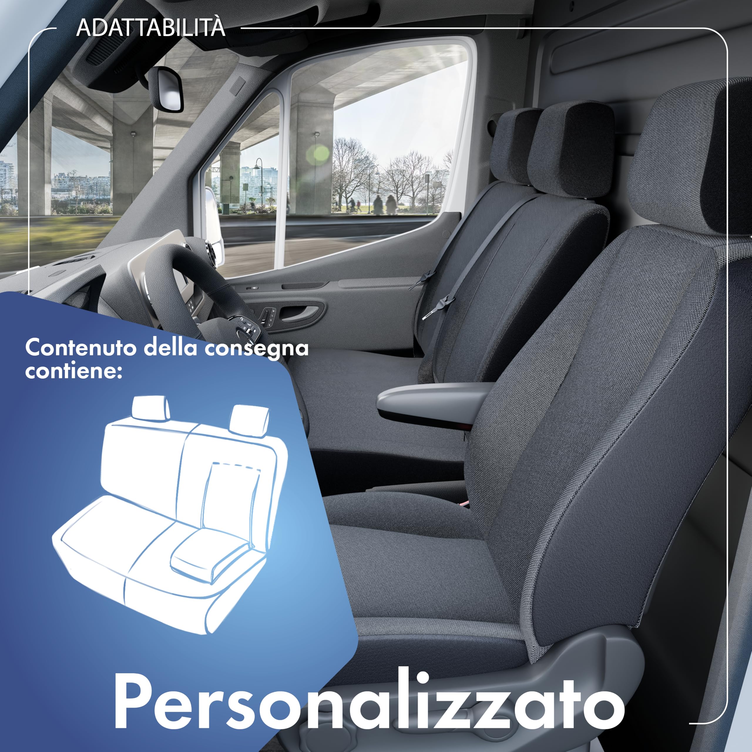 WALSER Transporter coprisedili per auto in tessuto compatibile con Ford Transit, Panca doppia divisibile nella parte anteriore (incavo per tavolo)