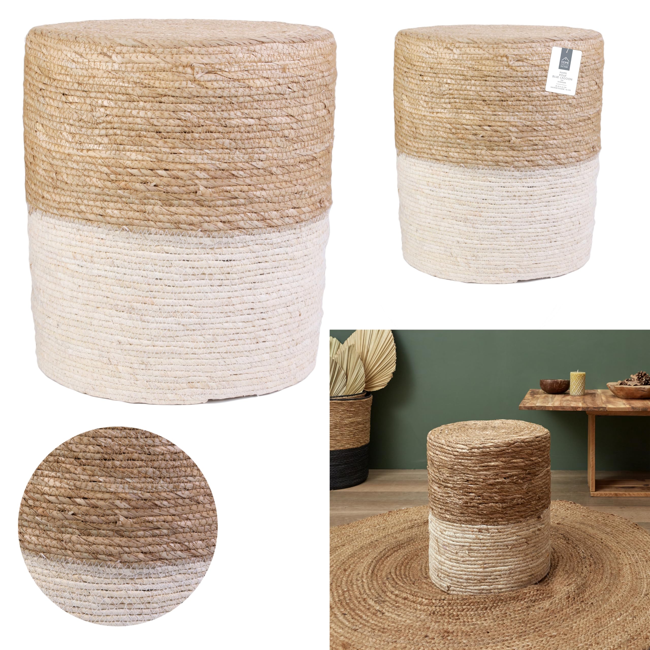 HOME DECO FACTORY Pouf Décoratif Tendance Touche Naturelle Assise Bleu | Polyester bois et jonc, pouf décoratif, design tendance, touche naturelle, salon ou chambre, 35x35x41 cm, bleu