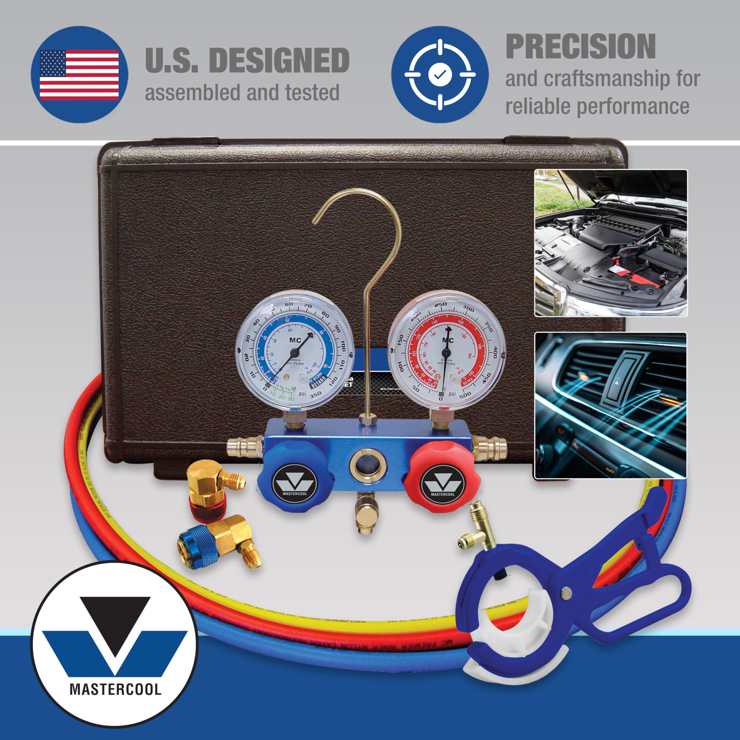 Mastercool 89660-PRO5 Automotive R134a 2-Way Manifold Gauge Set with 3-in-1 Can Tap Valve – U.S. Designed, Assembled, and Tested – Includes 60