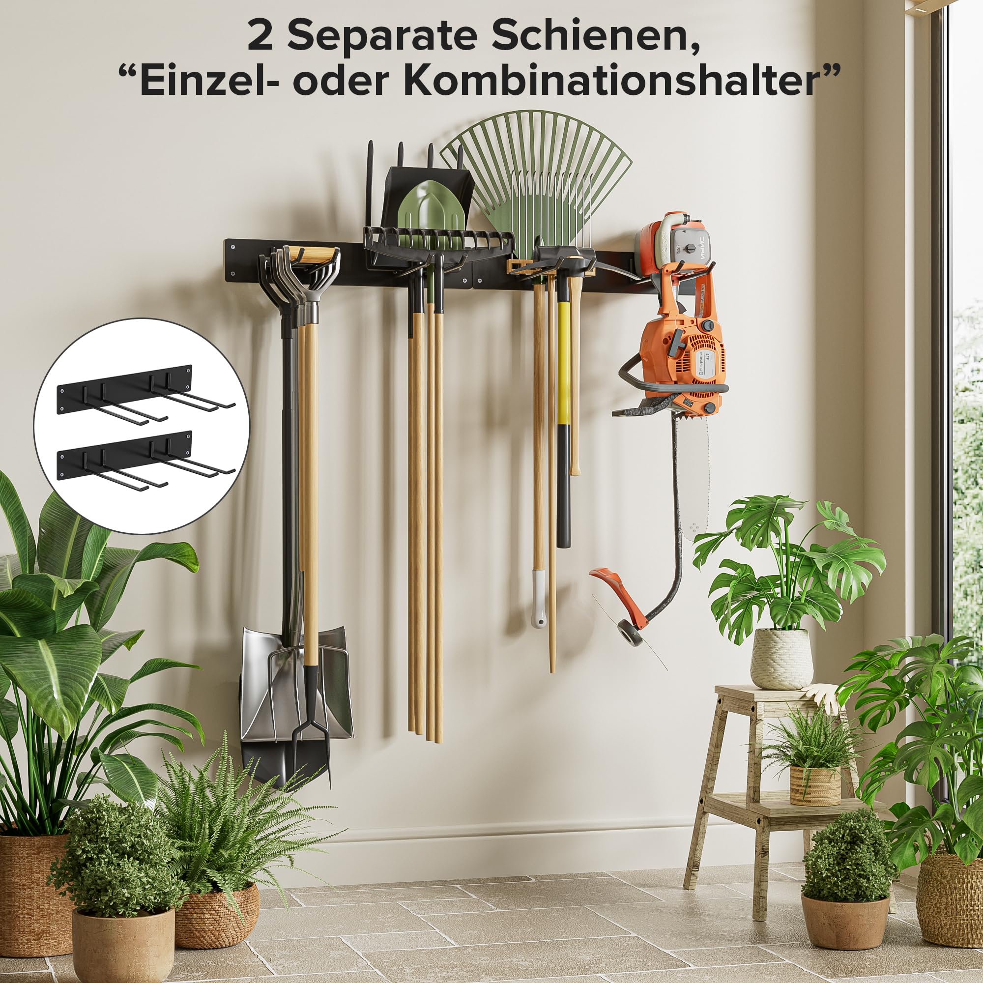 Urban Deco Metall-Gartengerätehalter, Gerätehalter Wandhalterung 150kg Tragkraft mit 4 Doppelhaken & 2 Paneele – Aufhängung für Gartenwerkzeug in Garage, Garten, Keller (Schwarz)