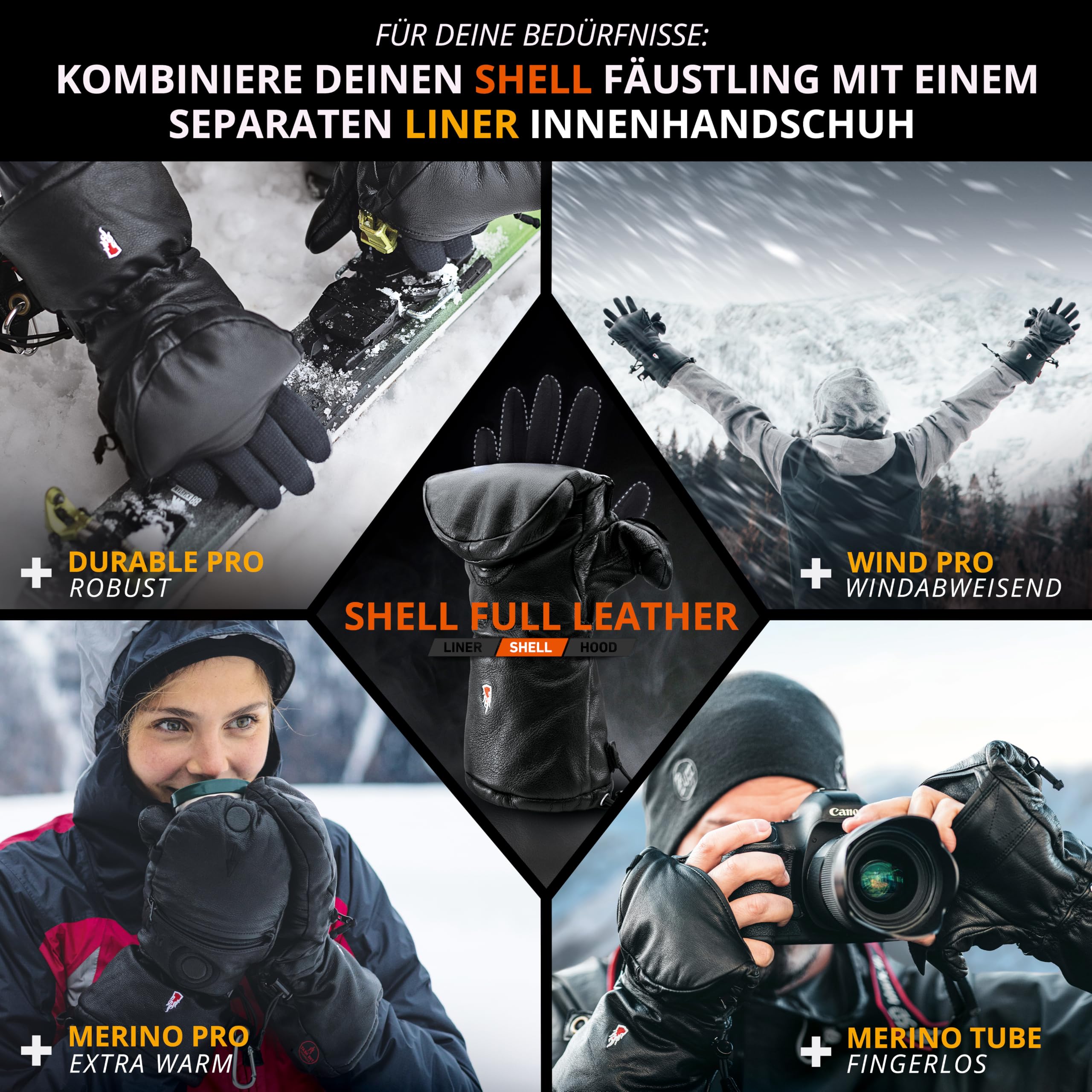 THE HEAT COMPANY Shell Full Leather Handschuhe - Die Innovation: Extra warme Leder Fäustlinge zum Umklappen - Winterhandschuhe - Skihandschuhe: Damen, Herren - ohne Unterziehhandschuh