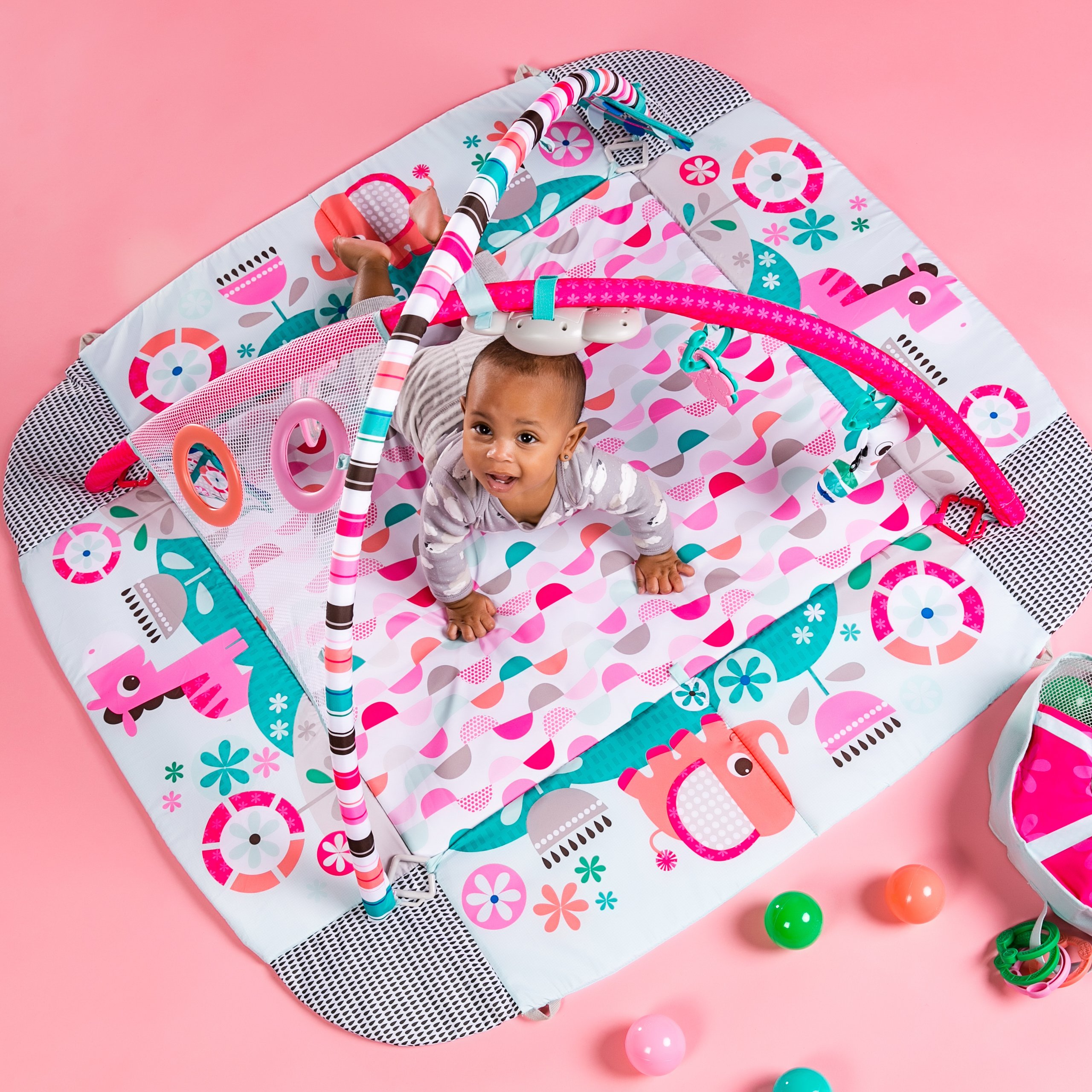 Bright Starts, 5 in 1 Spieldecke mit Spielbogen, Your Way Ball Play - mit anpassbaren Wänden, Melodien sowie 35 Bällen und weiteren Spielzeugen, pink