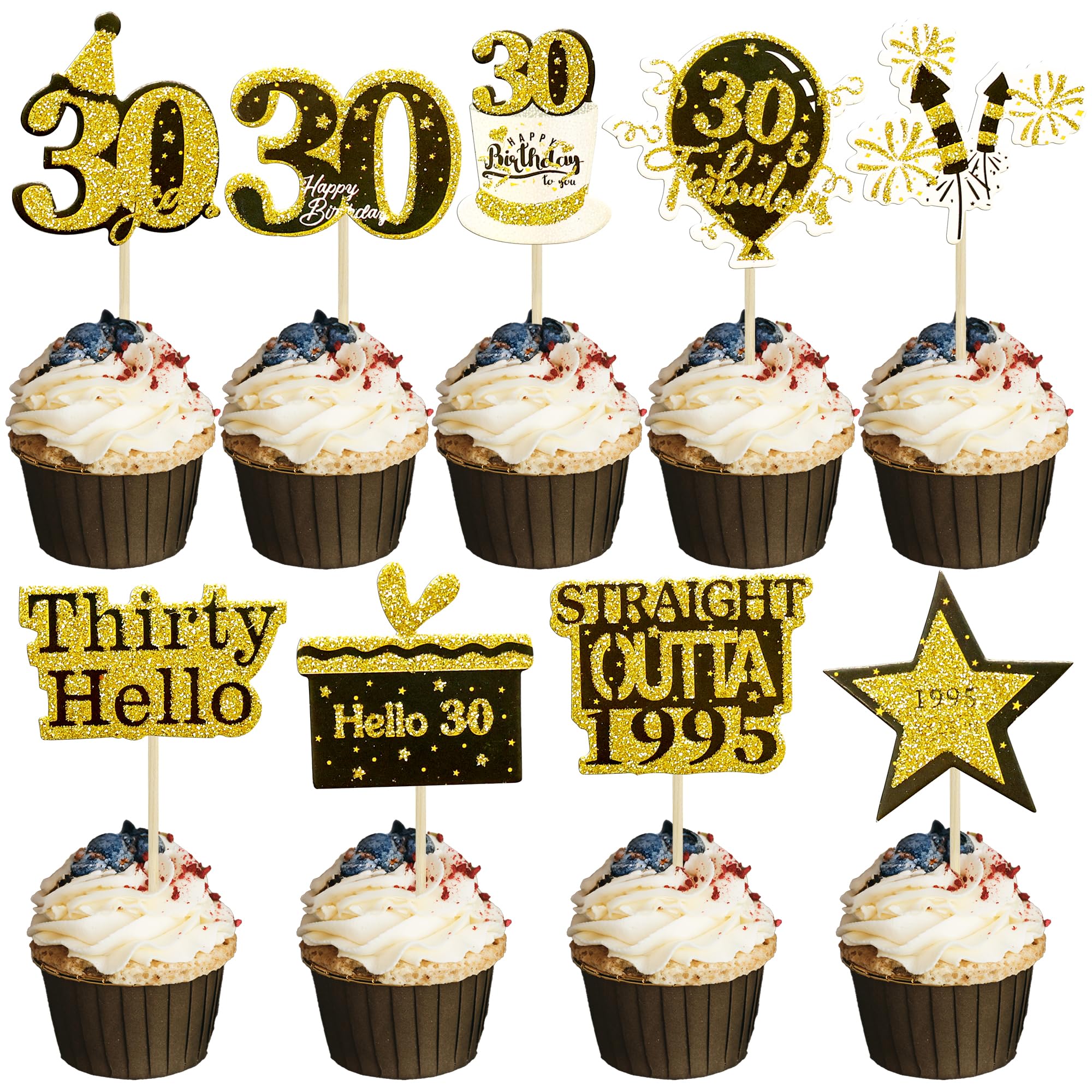 Gyufise 36Pcs Happy 30th Birthday Cupcake Toppers Glitter Black Gold Thirty Hello 30 Straight Outta 1995 Cupcake Picks Cheers to 30 Years 30 Fabulous