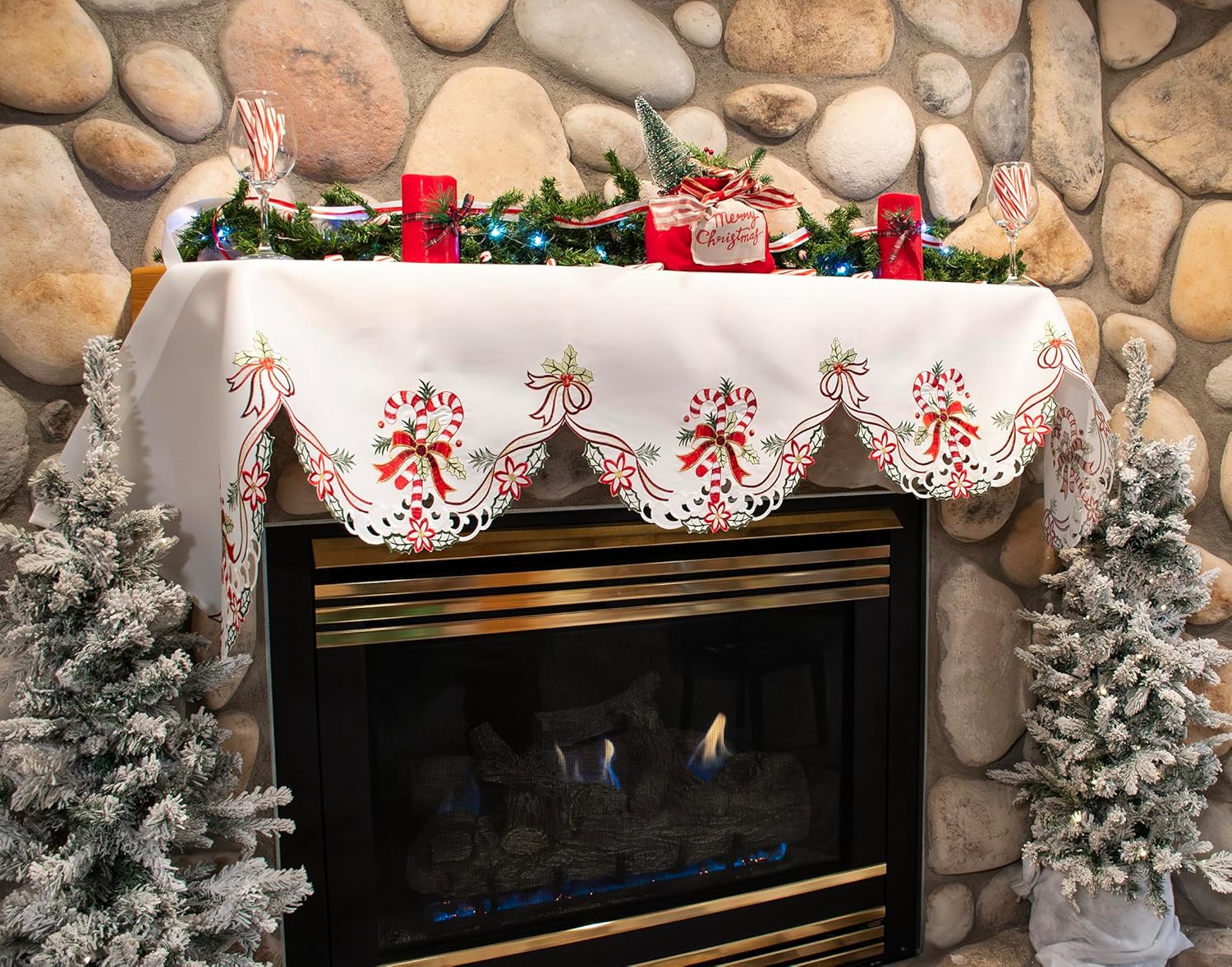 Linens, Art and Things Christmas Embroidered Colorful Candy Cane on Ivory Bookshelf or Holiday Fireplace Mantel Scarf (19Wx90L)