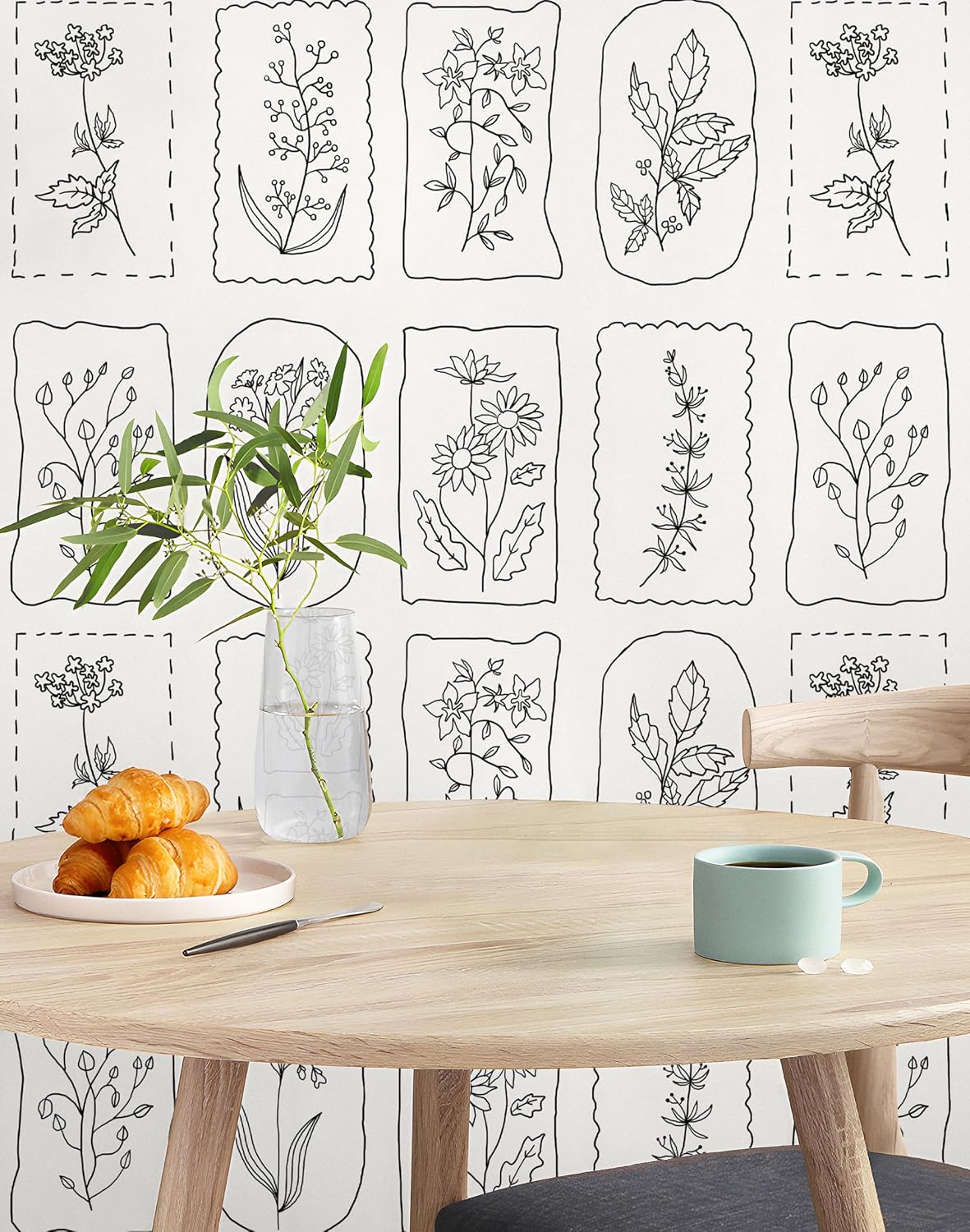 Guvana Peel and Stick Wallpaper Black and White Floral Farmhouse Removable Wallpaper for Bedroom Renter Friendly 16.14"×196" Modern Geometric Contact Paper