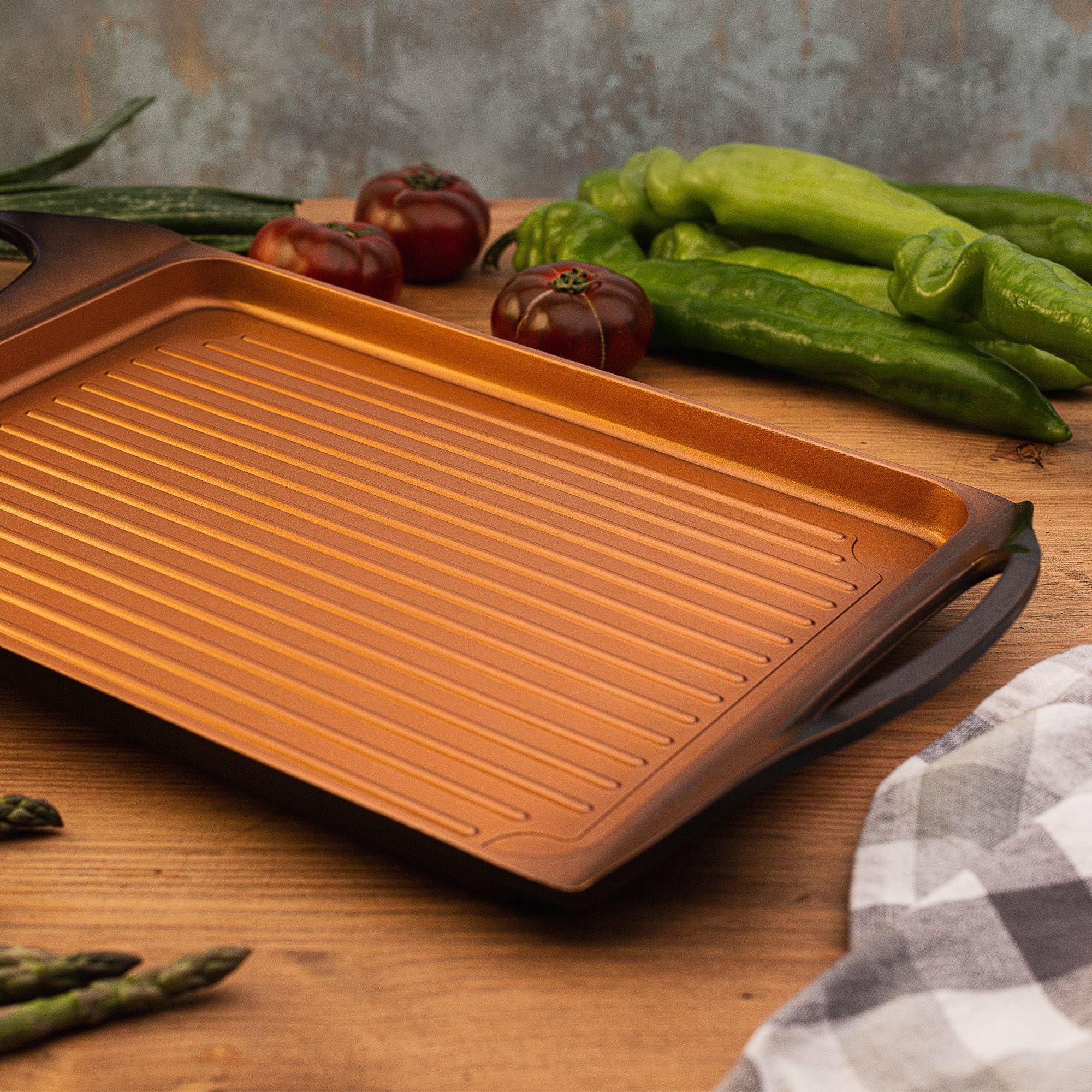 Colección Origen: set de Cacerola con tapa de vidrio, 20 cm, con Plancha asador/grill 45 cm, y Sartén 28 cm, aluminio forjado, aptas para inducción