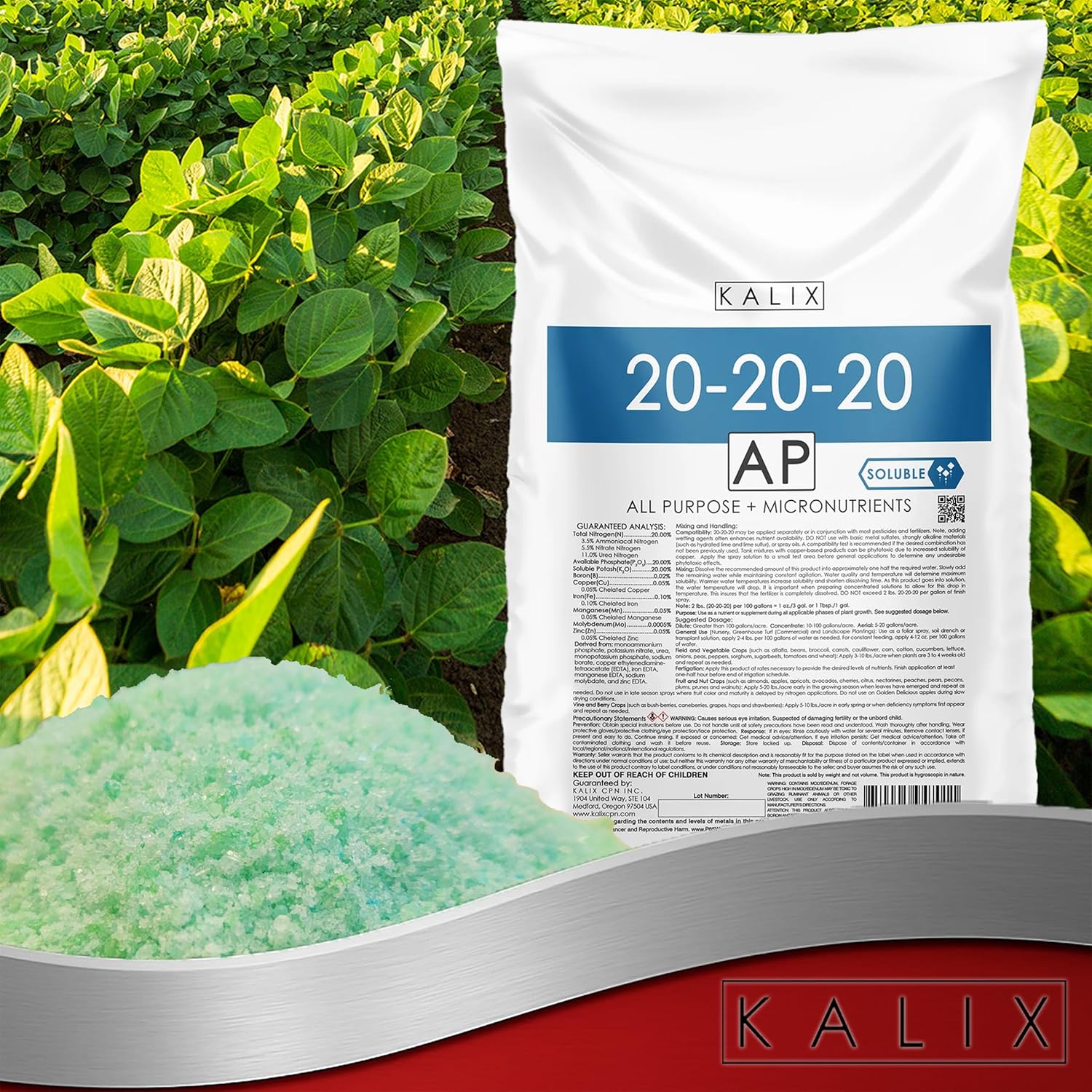 KALIX 20-20-20 Water-Soluble Fertilizer | High-Efficiency NPK Blend with Chelated Micronutrients | Balanced Plant Food for Vegetables, Flowers, and Crops | Soil and Drip Feed Use – 25lb Bag