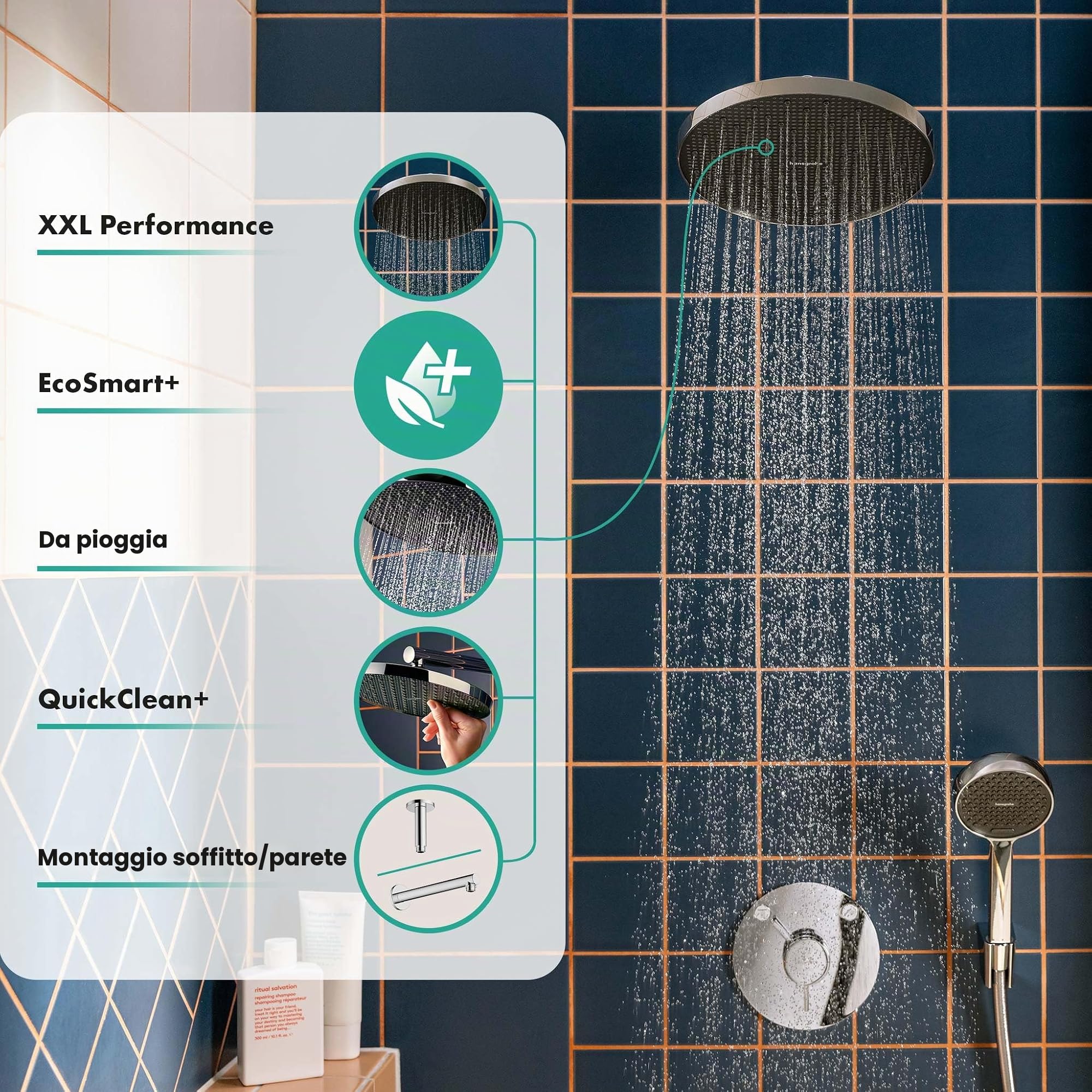 hansgrohe Activera S - Soffione doccia a risparmio idrico 6 l/min (EcoSmart+), Doccia a pioggia rotondo (240 x 240 mm) con 1 getto per montaggio a parete/soffitto, cromo, 28057000