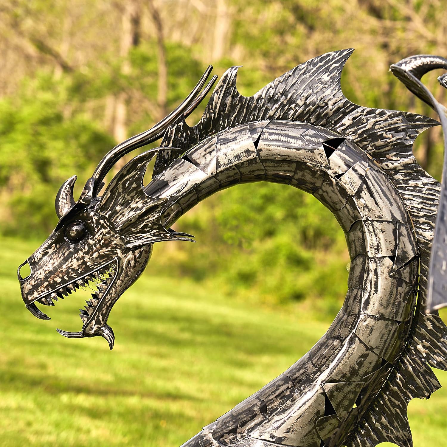 Zaer Ltd. Large Metal Dragon Statue, 89" L x 79" W x 73" H, Powder Coated (Metallic Silver)
