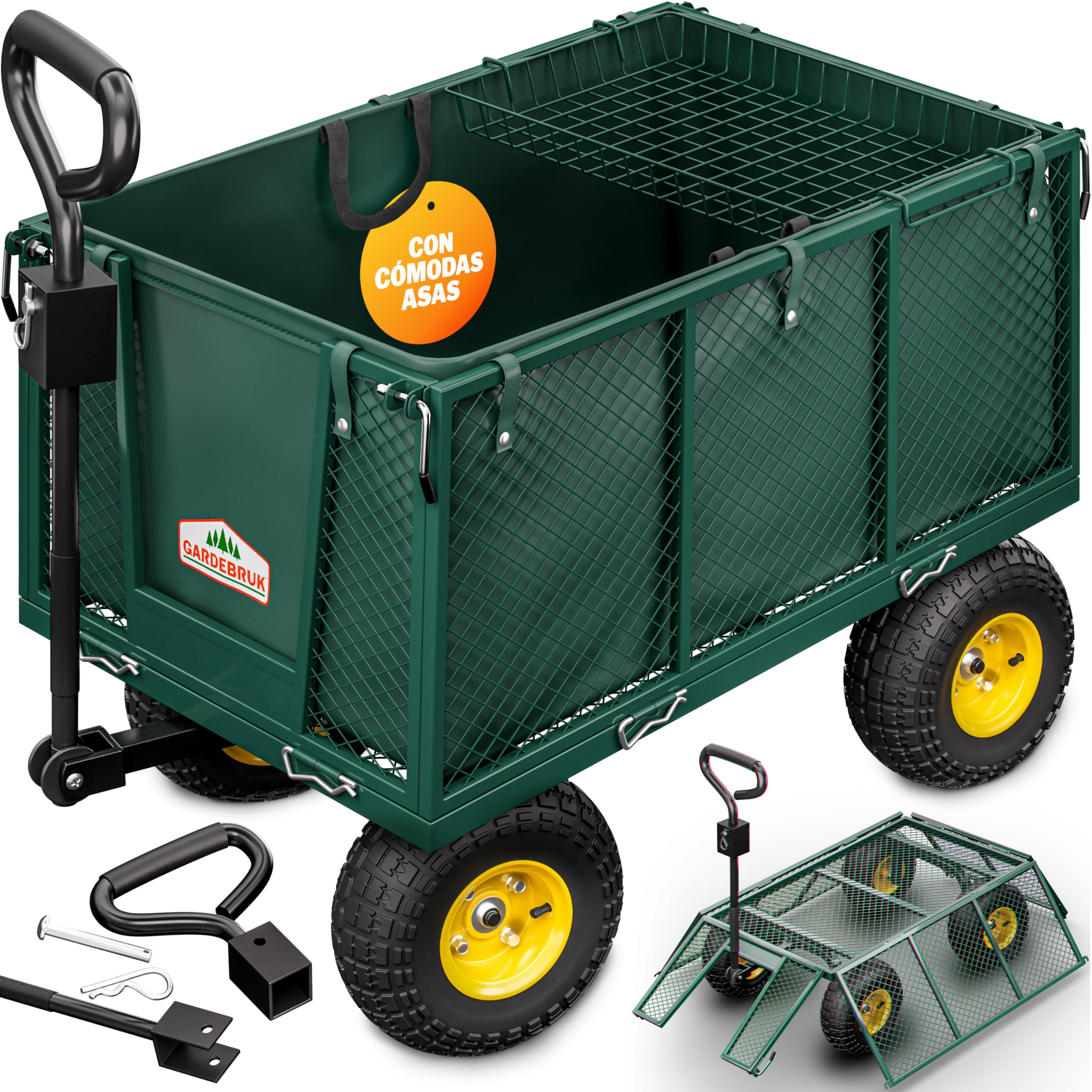 Gardebruk® Carro de Mano Jardín Capacidad Carga 550kg Plegable Lona Extraíble Laterales Desmontables 4 Ruedas Asa Antideslizante Carrito Transporte Obra