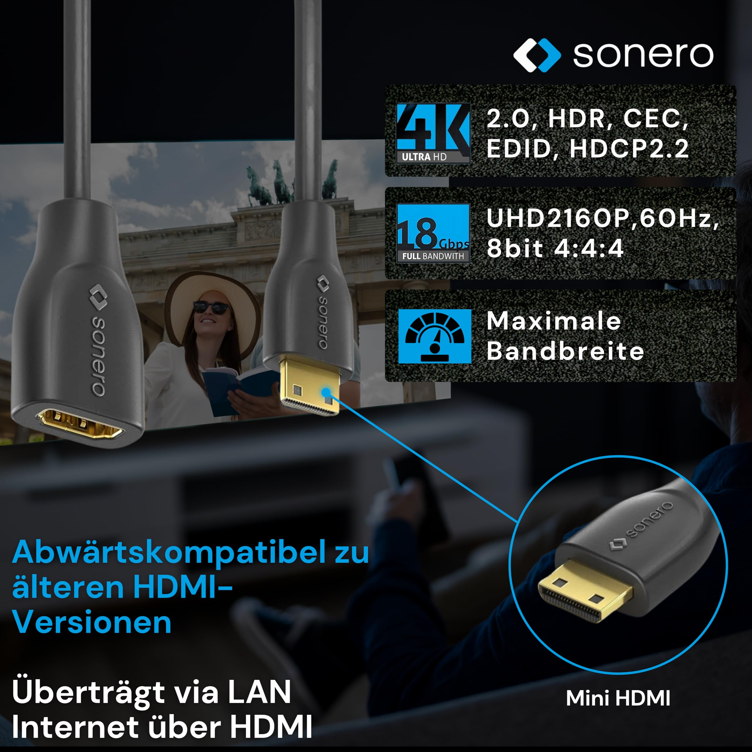 Sonero® Adattatore salvaporta Sonero® da Mini HDMI a 4K HDMI, Premium High Speed, connettore Mini HDMI C a presa HDMI A, contatti dorati, doppia schermatura, guaina in PVC, 0,15 m