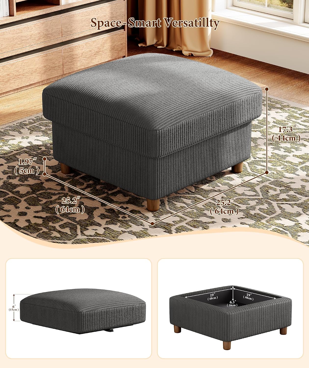 Kidirect Corduroy Ottoman with Storage, 25" Oversize Ottomans, Tool-Free Setup Storage Bench for Bedroom, Solid Wood Foot Rest, Comfy Foot Stool, Square Ottoman Coffee Table for Living Room, Grey