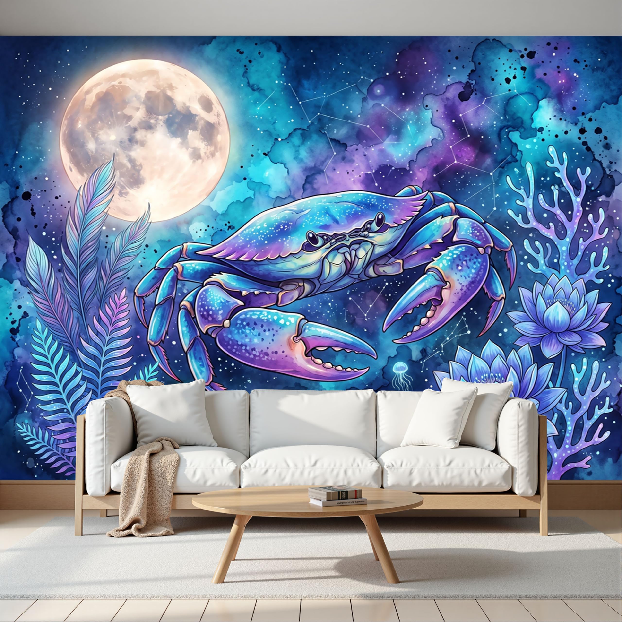 Carta da Parati Panoramica Stile Oceano Fantasy 450x315cm | Medusa luna granchio Foto Wallpaper Poster Gigante Design Blu-viola Murale Decor della Parete