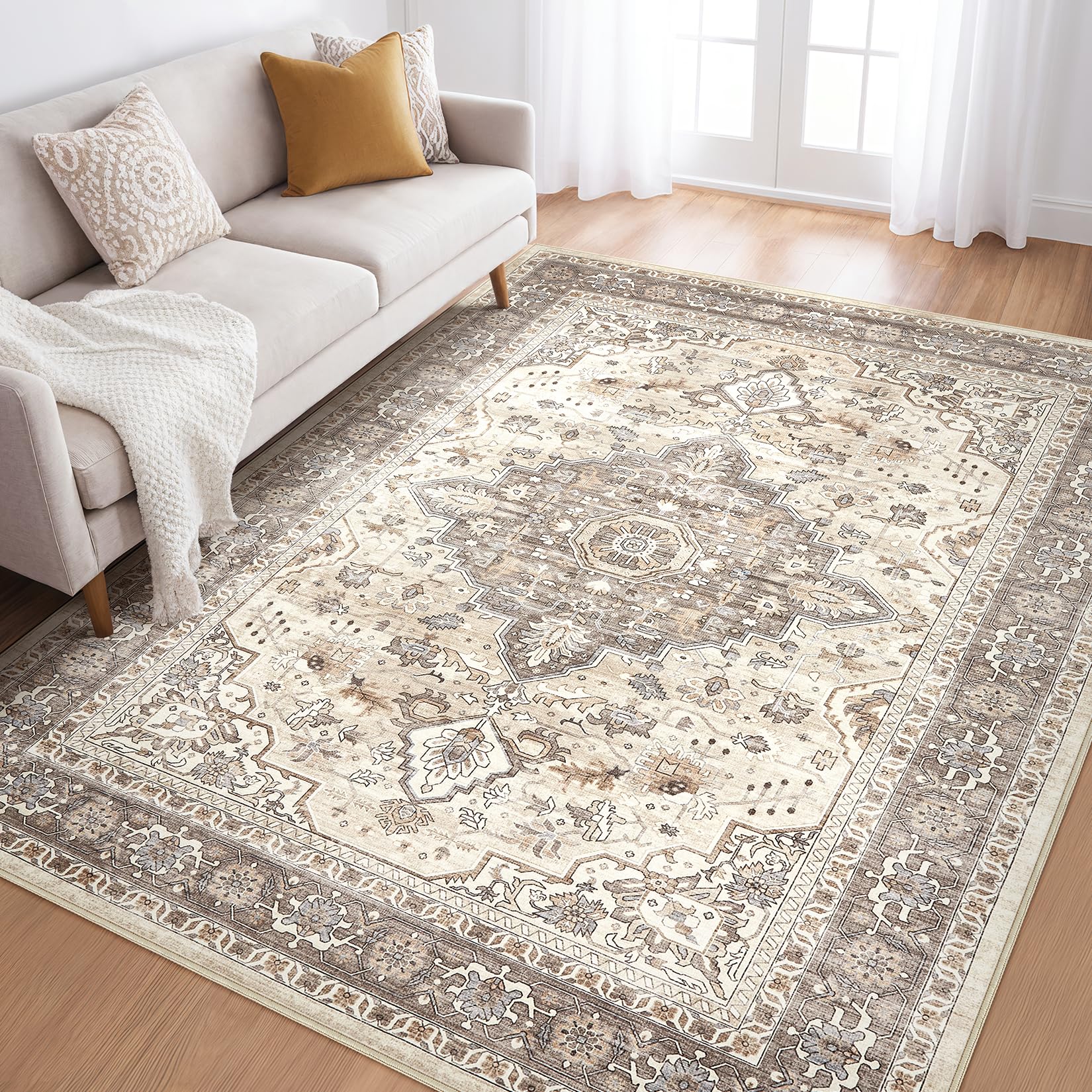 LOONGRUG 6x8 Area Rug Washable Vintage Boho Living Room Rug Beige Brown