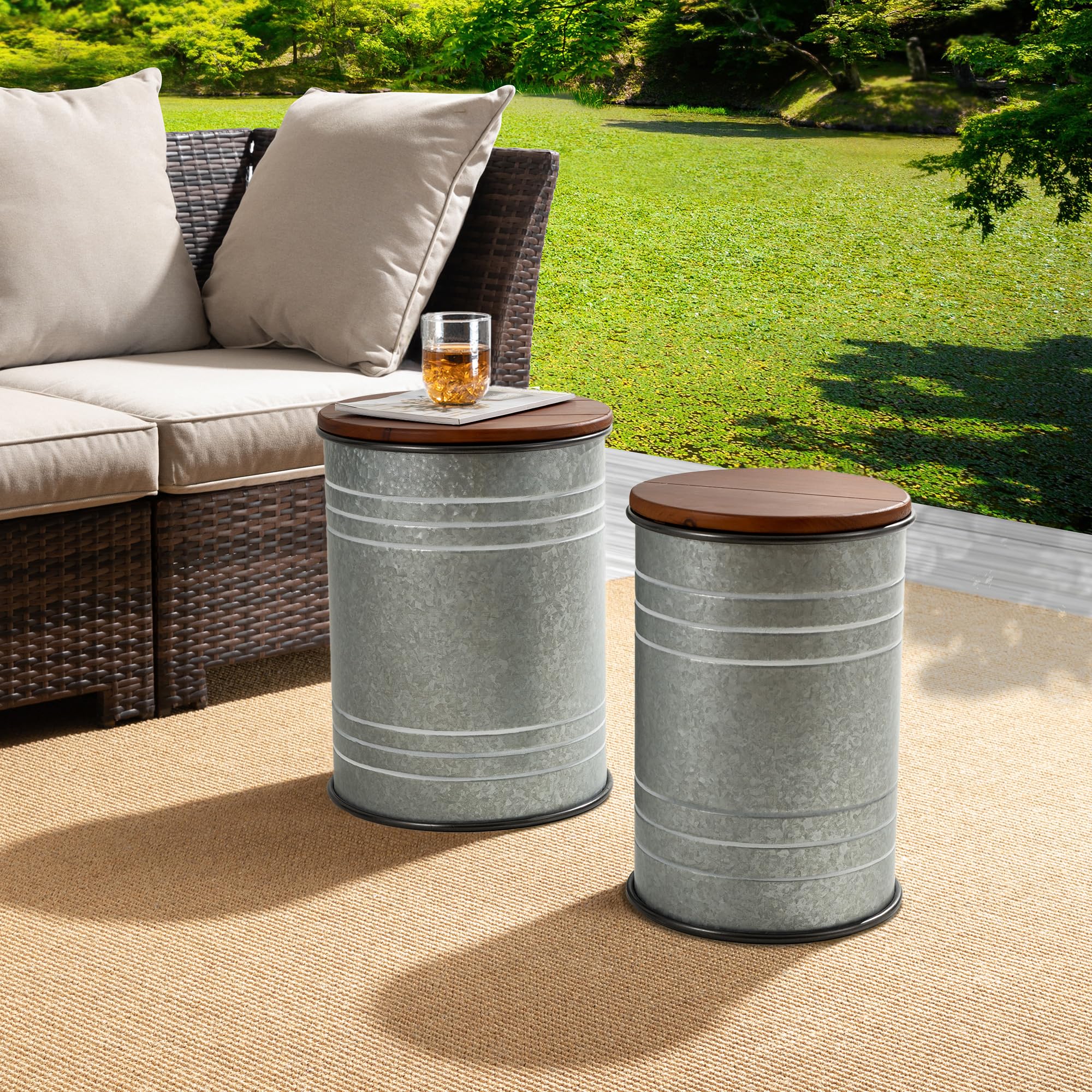 Glitzhome Farmhouse Accent Side Table, Metal Storage Stool Ottoman with Round Lid - Galvanized Coffee Cocktail End Tables Set of 2 for Living Room Bedroom, Grey