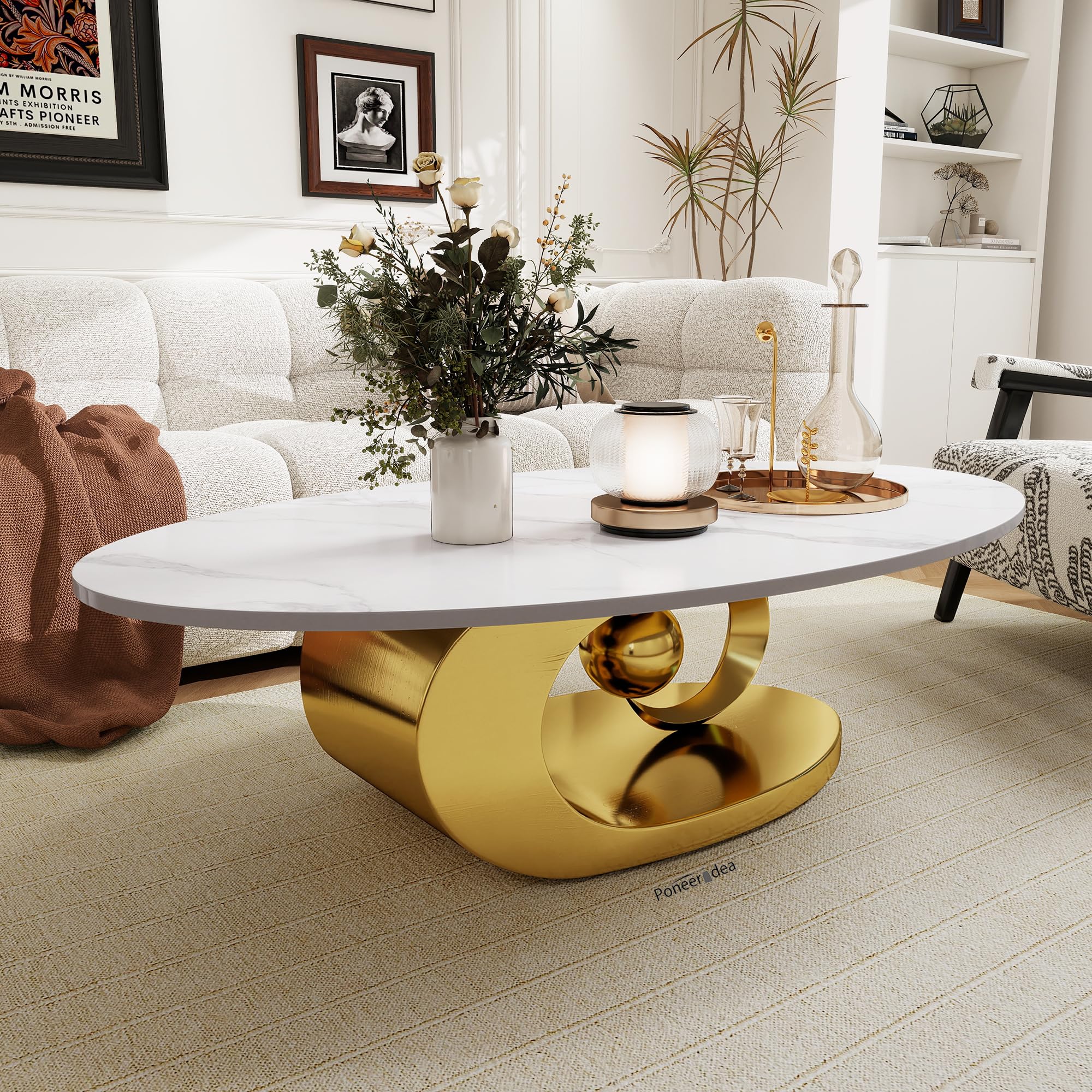 poneeridea Gold Oval Marble Coffee Table 49.2",with Sculptural Stainless Steel Base Stone Coffee Table,Modern Luxury Coffee Tables for Living Room