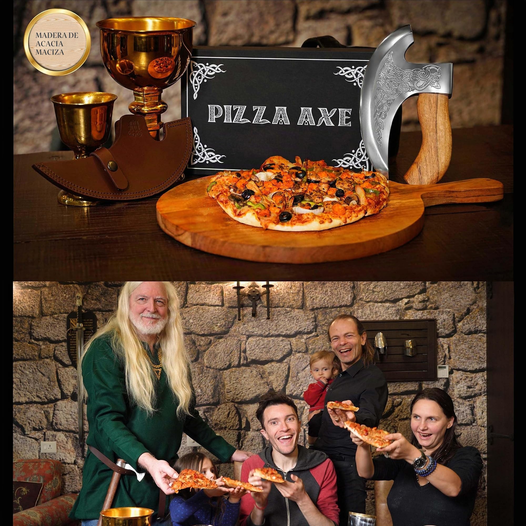 Mythrojan Pizza Axe Cortador de acero inoxidable premium con mango ergonómico y caja de madera, hoja resistente para cortar y picar pizza sin esfuerzo