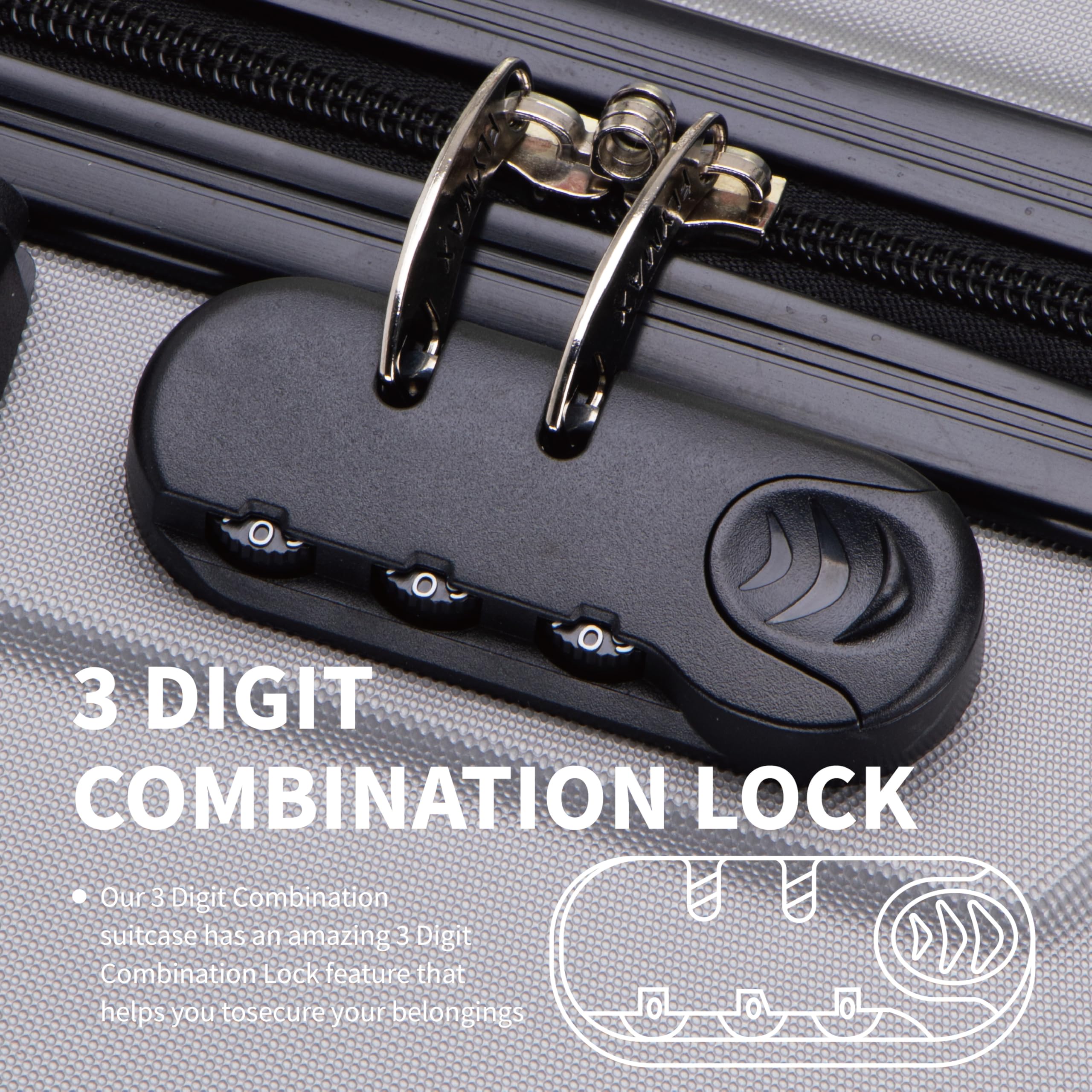 FLYMAX Valises à 4 roulettes Grandes, Moyennes & de Cabine Super Légères avec Coque Rigide et Rotation ABS pour Voyage, Argenté., 45x36x20 Carry on, Valise